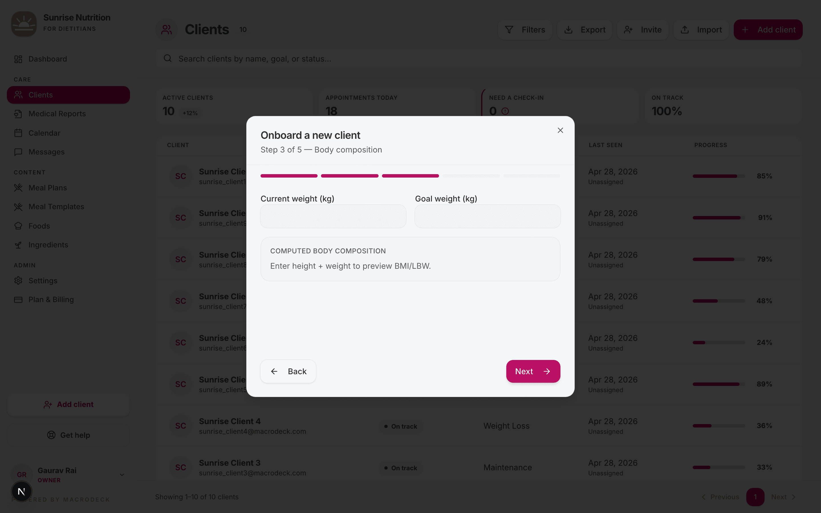 Add client — Step 3: Body composition