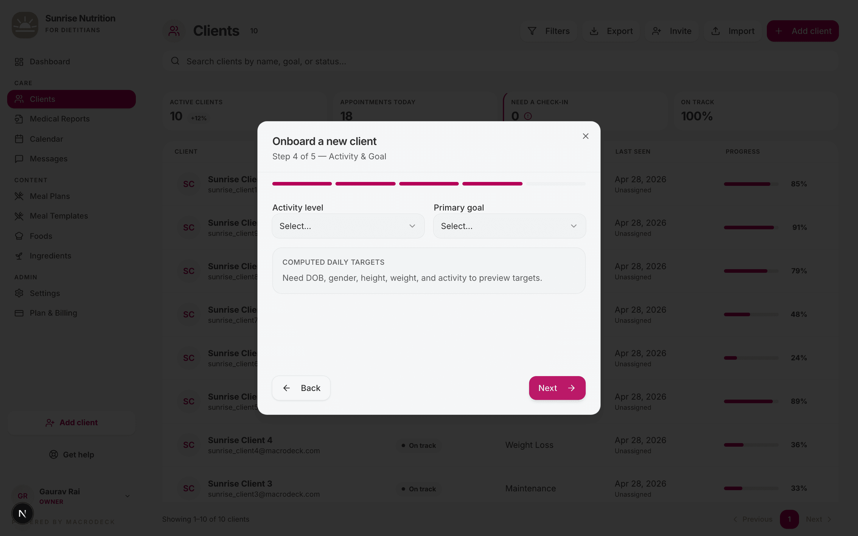 Add client — Step 4: Activity & Goal