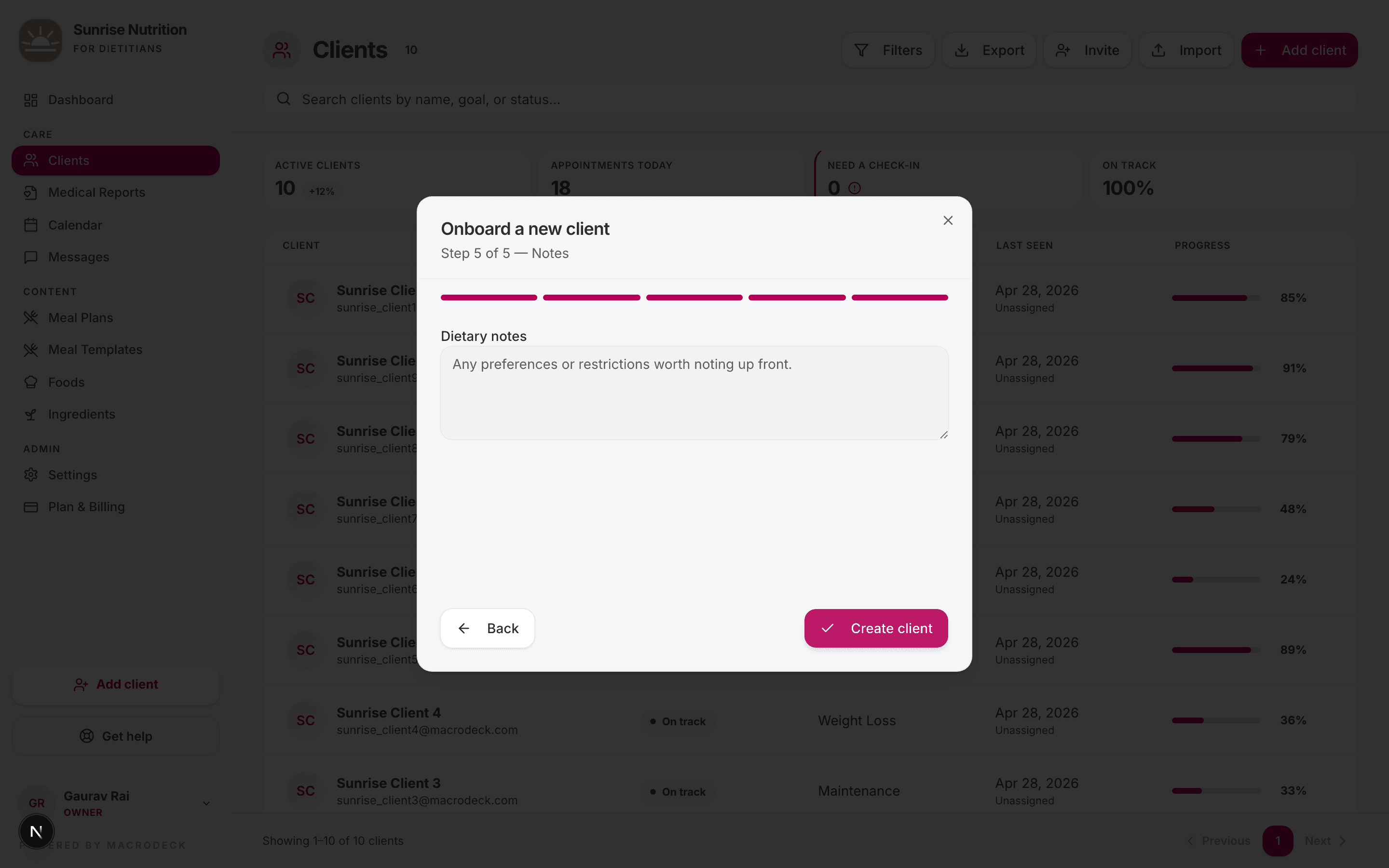 Add client — Step 5: Notes