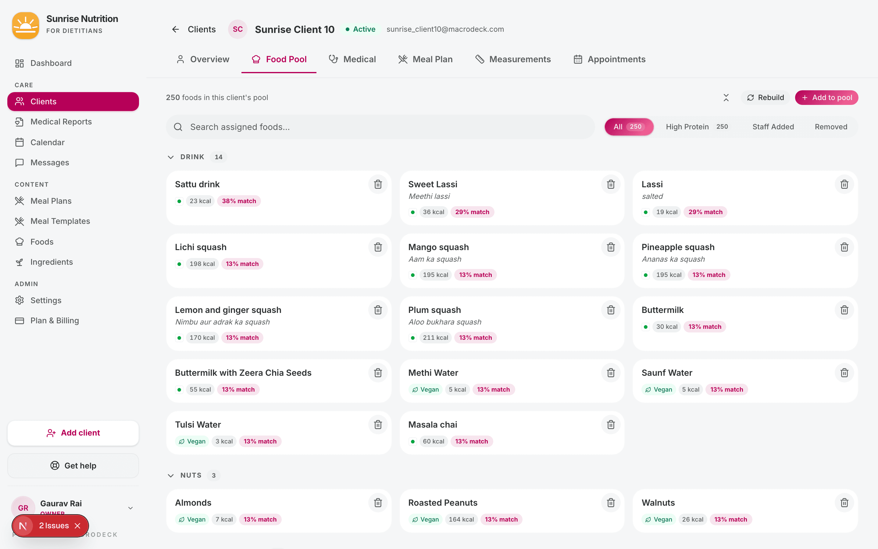 Client profile — Food Pool tab