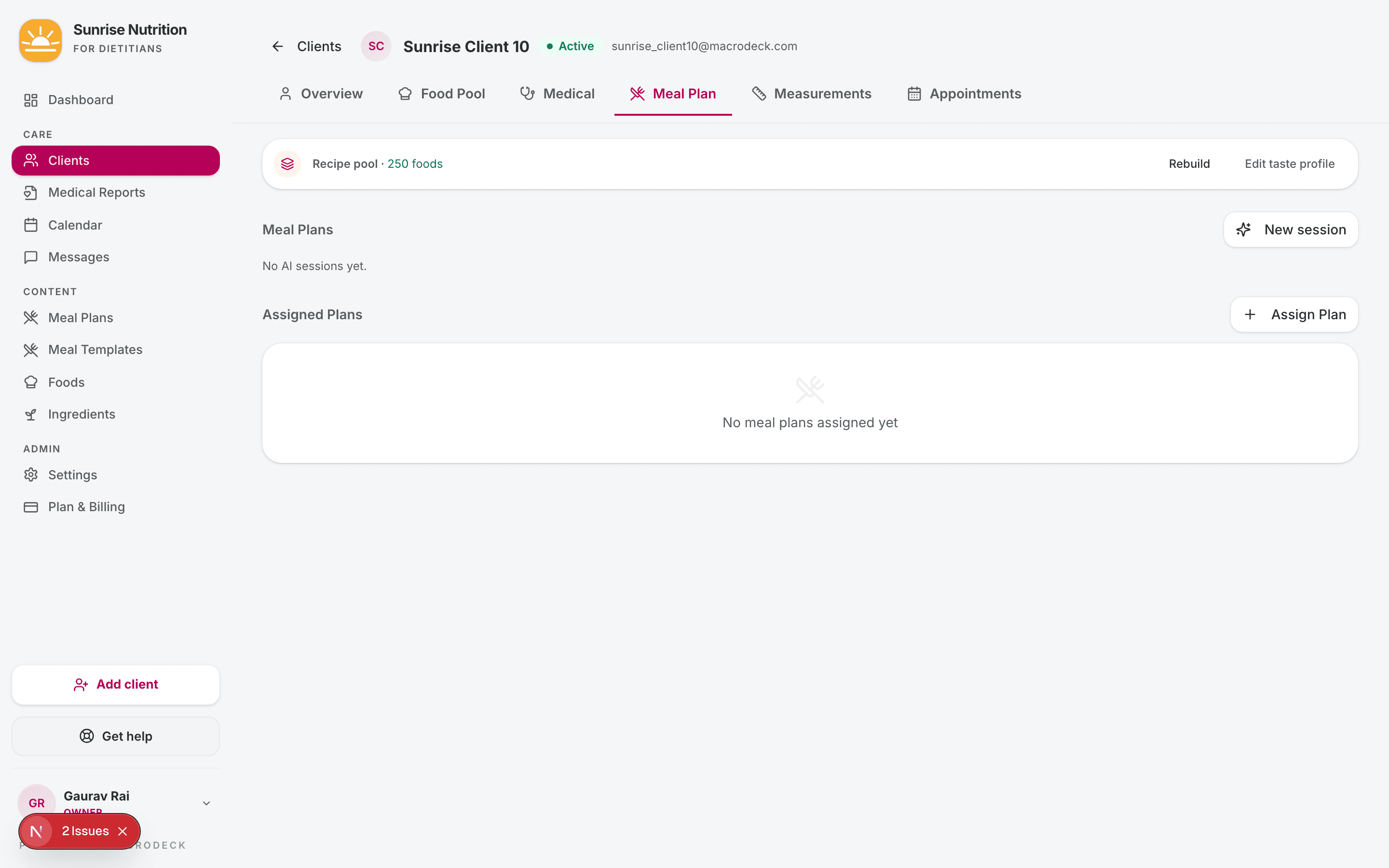Client profile — Meal Plan tab