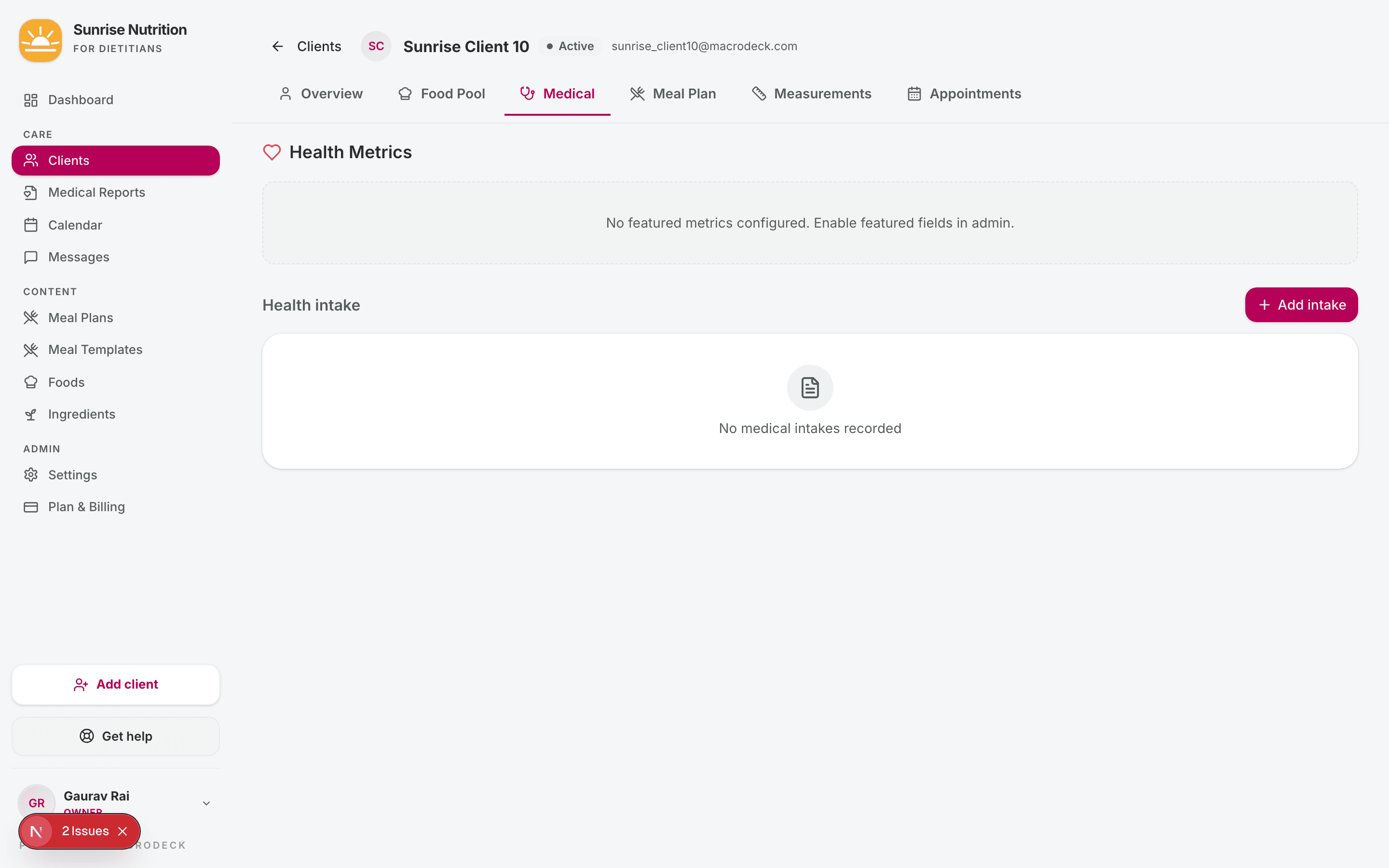 Client profile — Medical tab