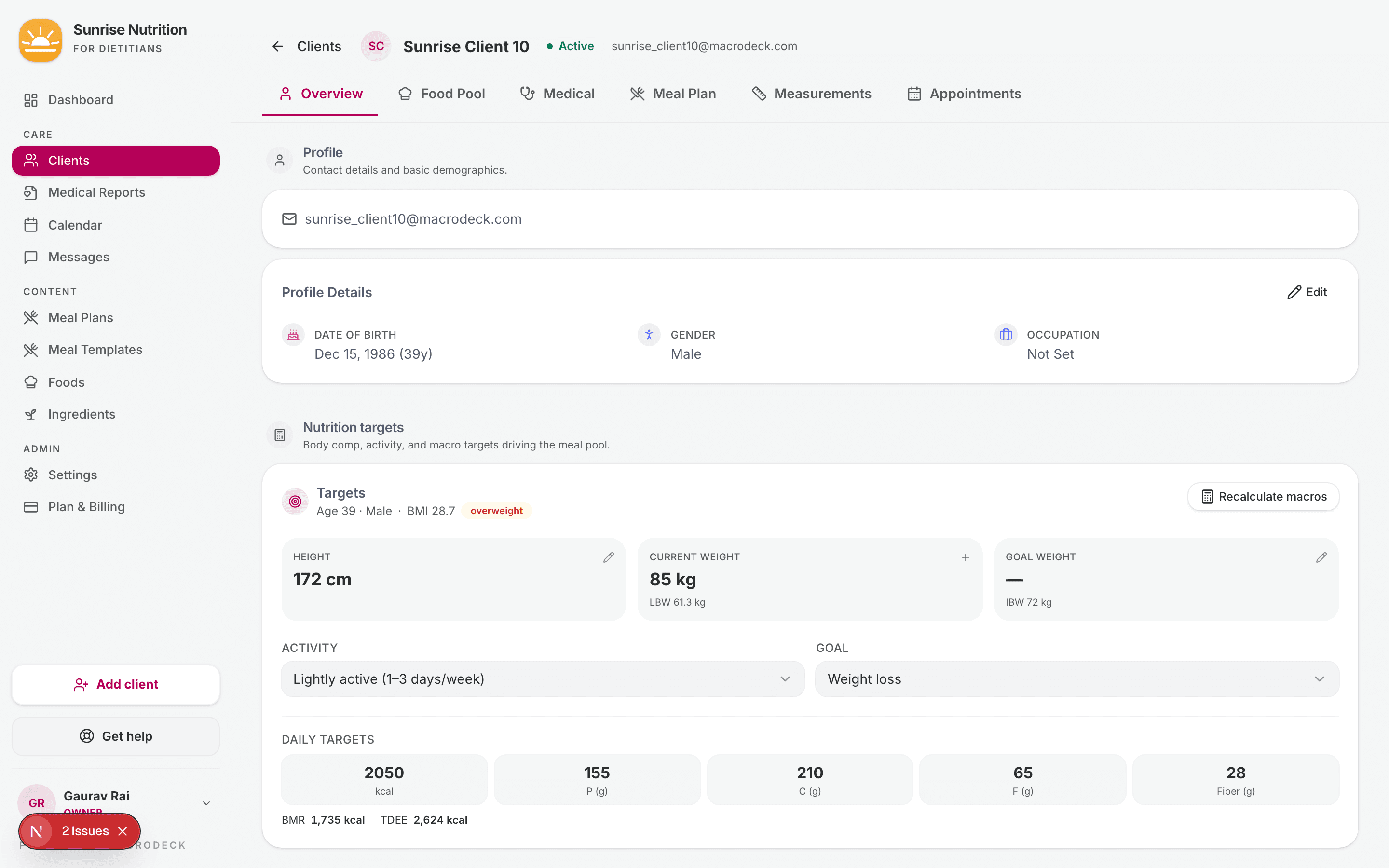 Client profile — Overview tab