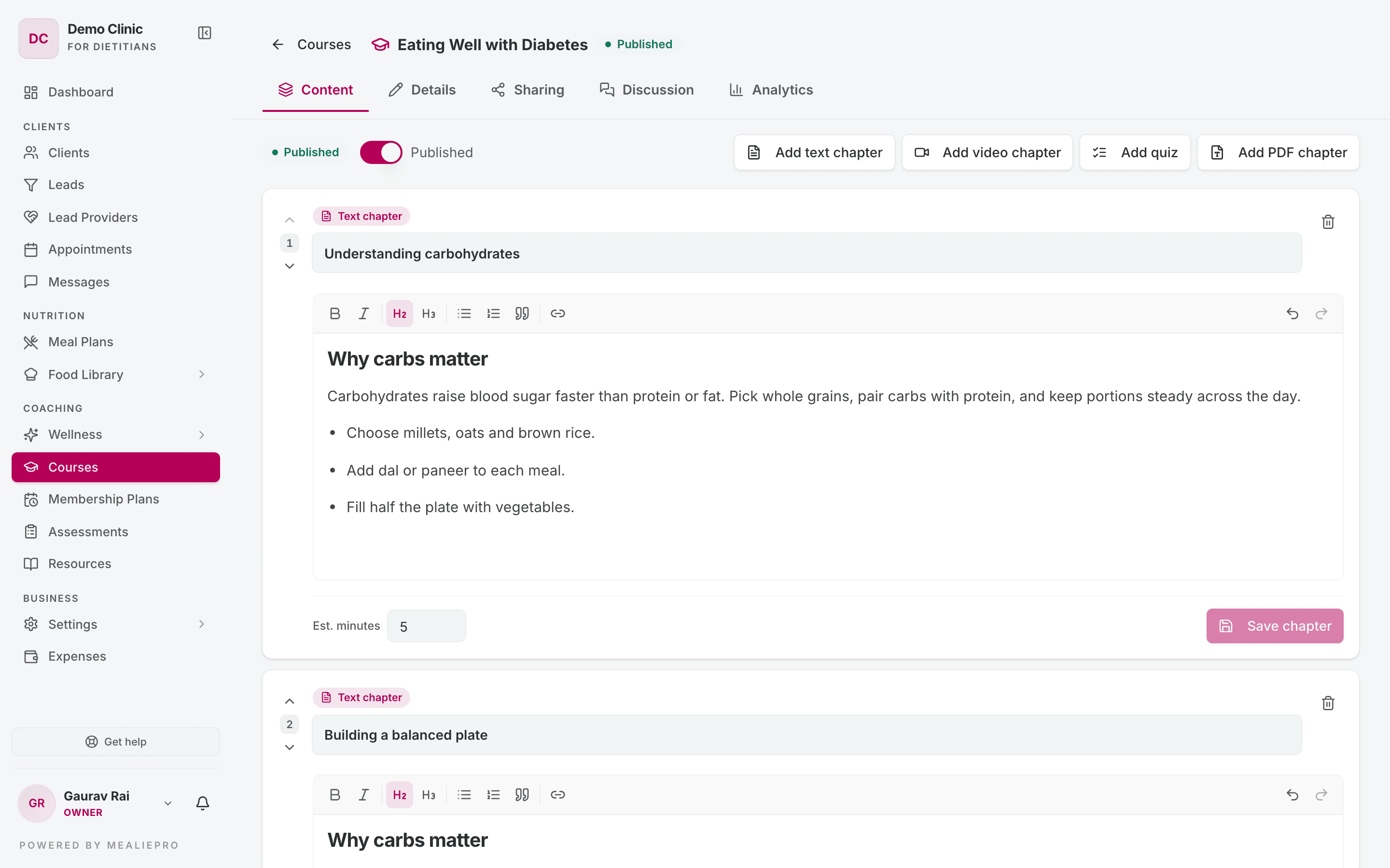 Course builder — Content tab