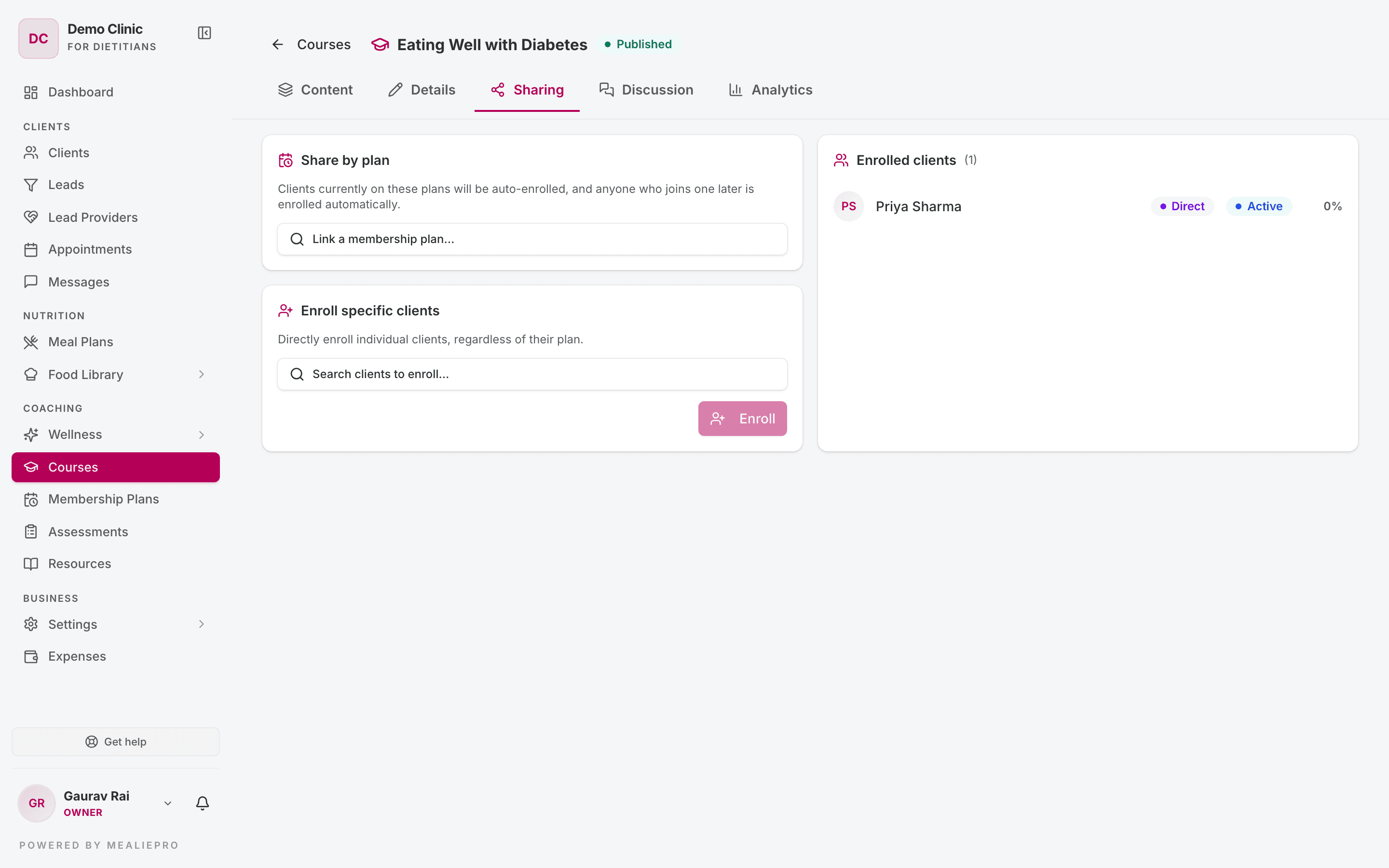 Course builder — Sharing tab