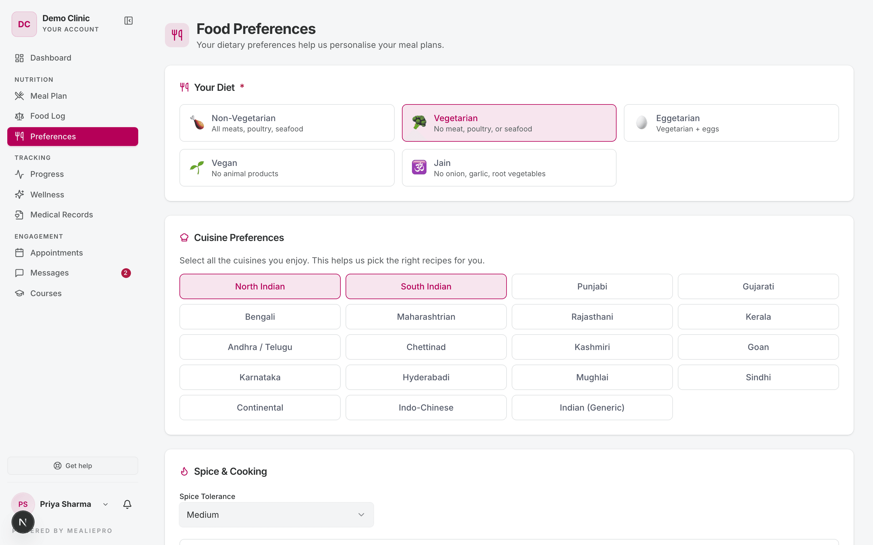 Food Preferences page