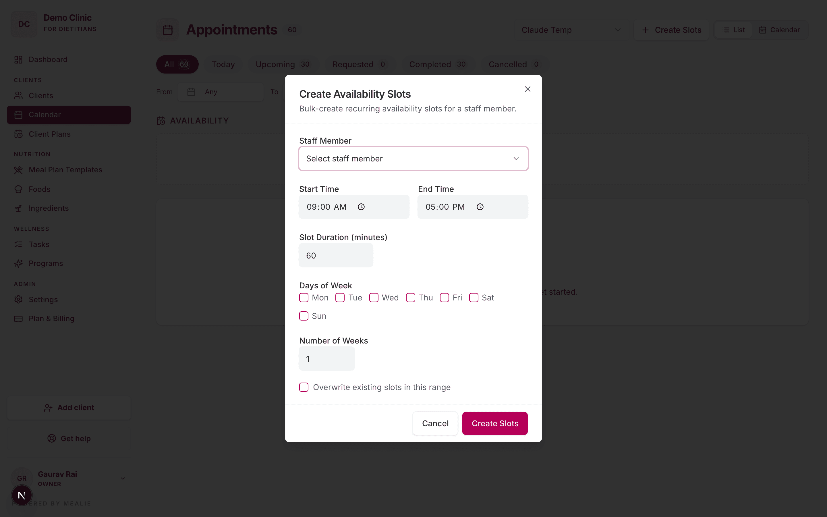 Create availability slots