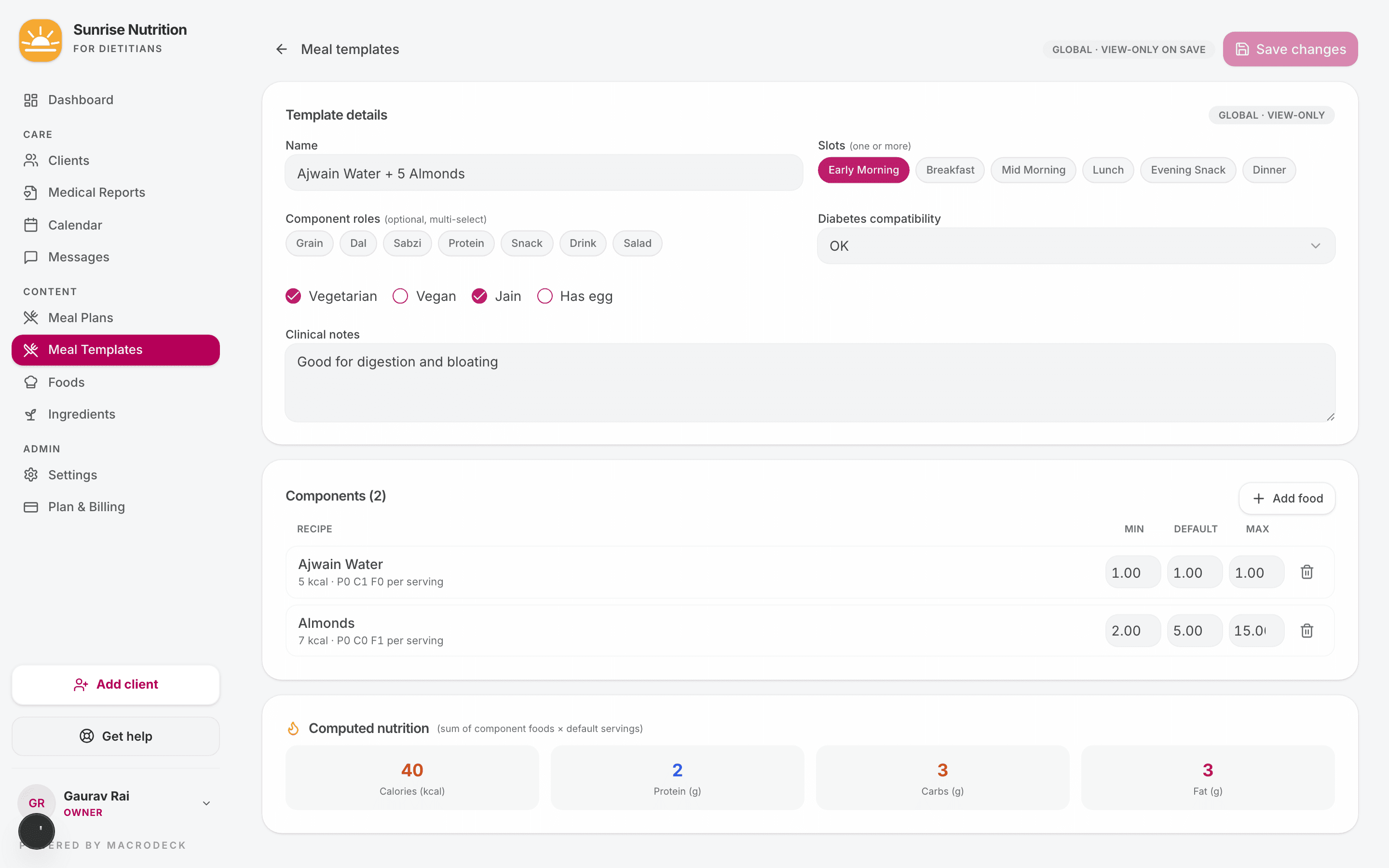 Meal template editor