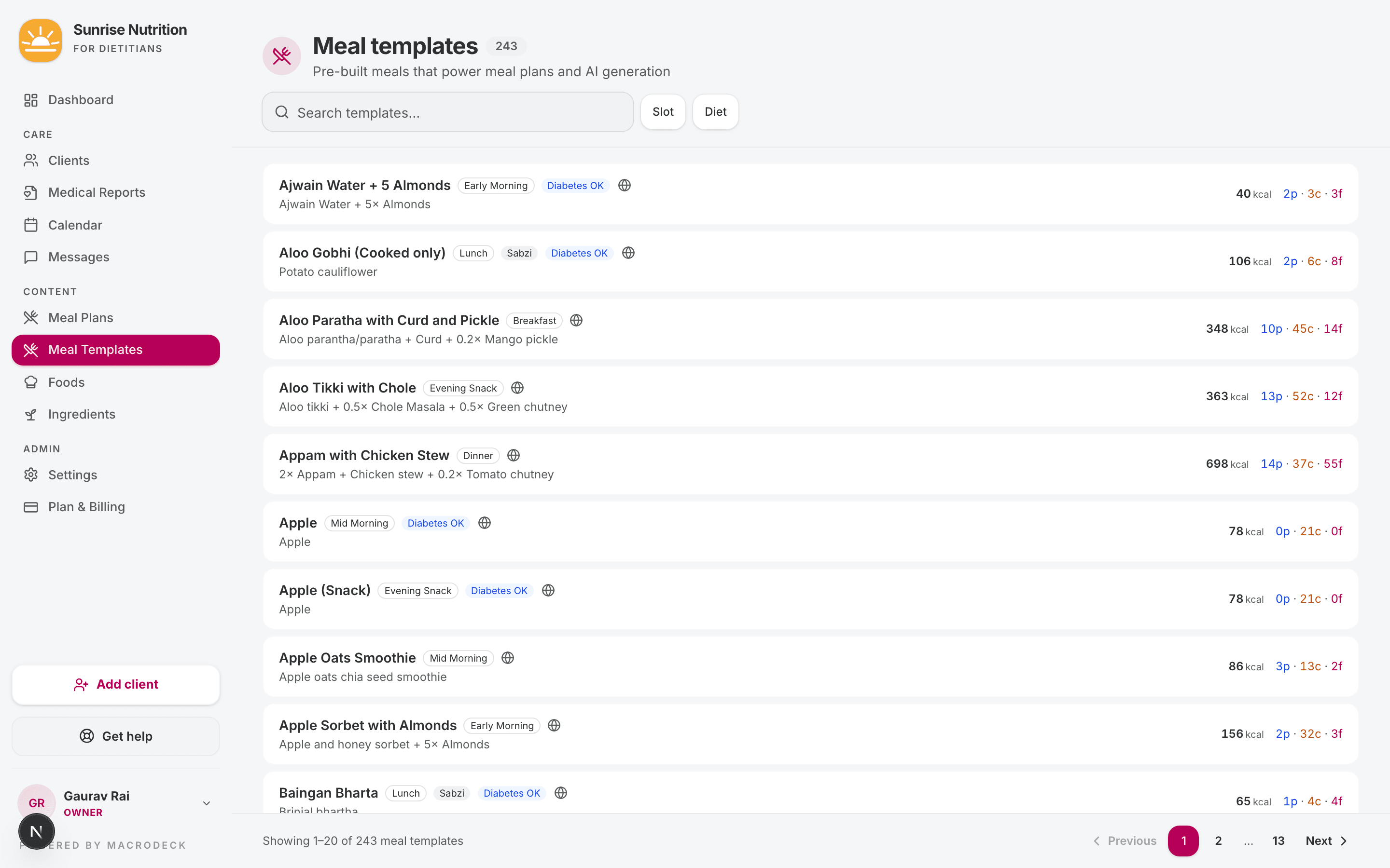 Meal Templates list