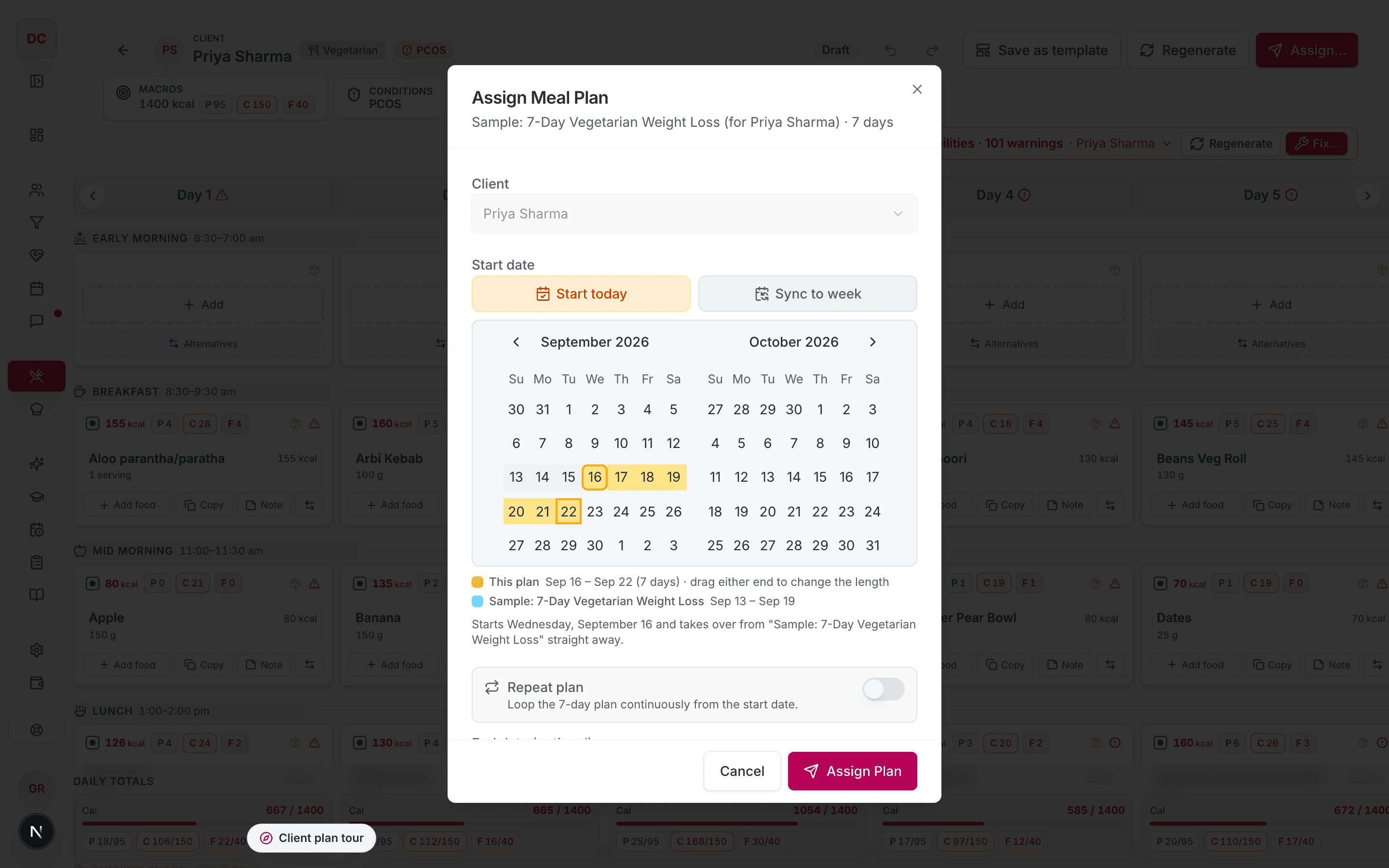 Assign Meal Plan dialog