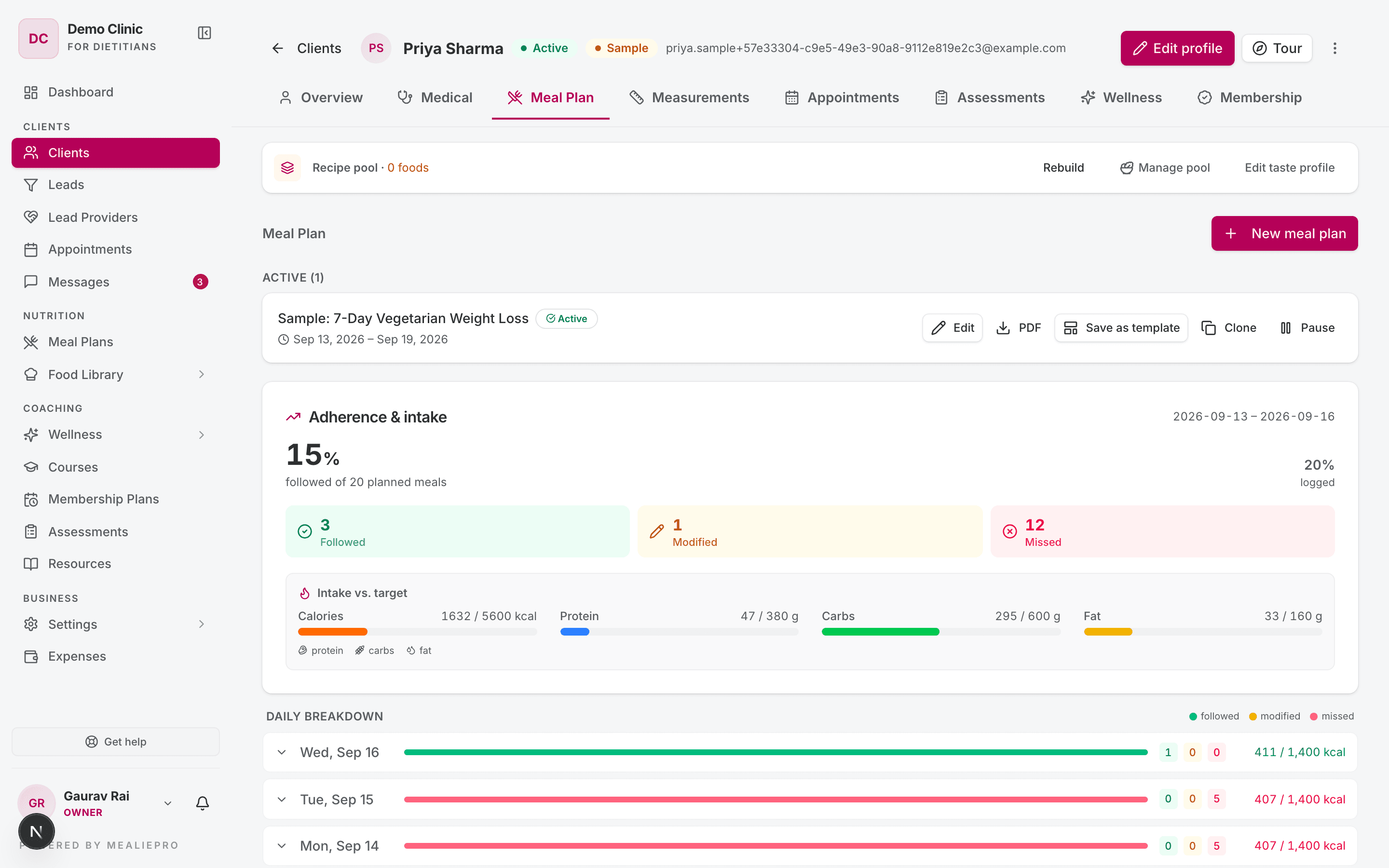 Client Meal Plan tab