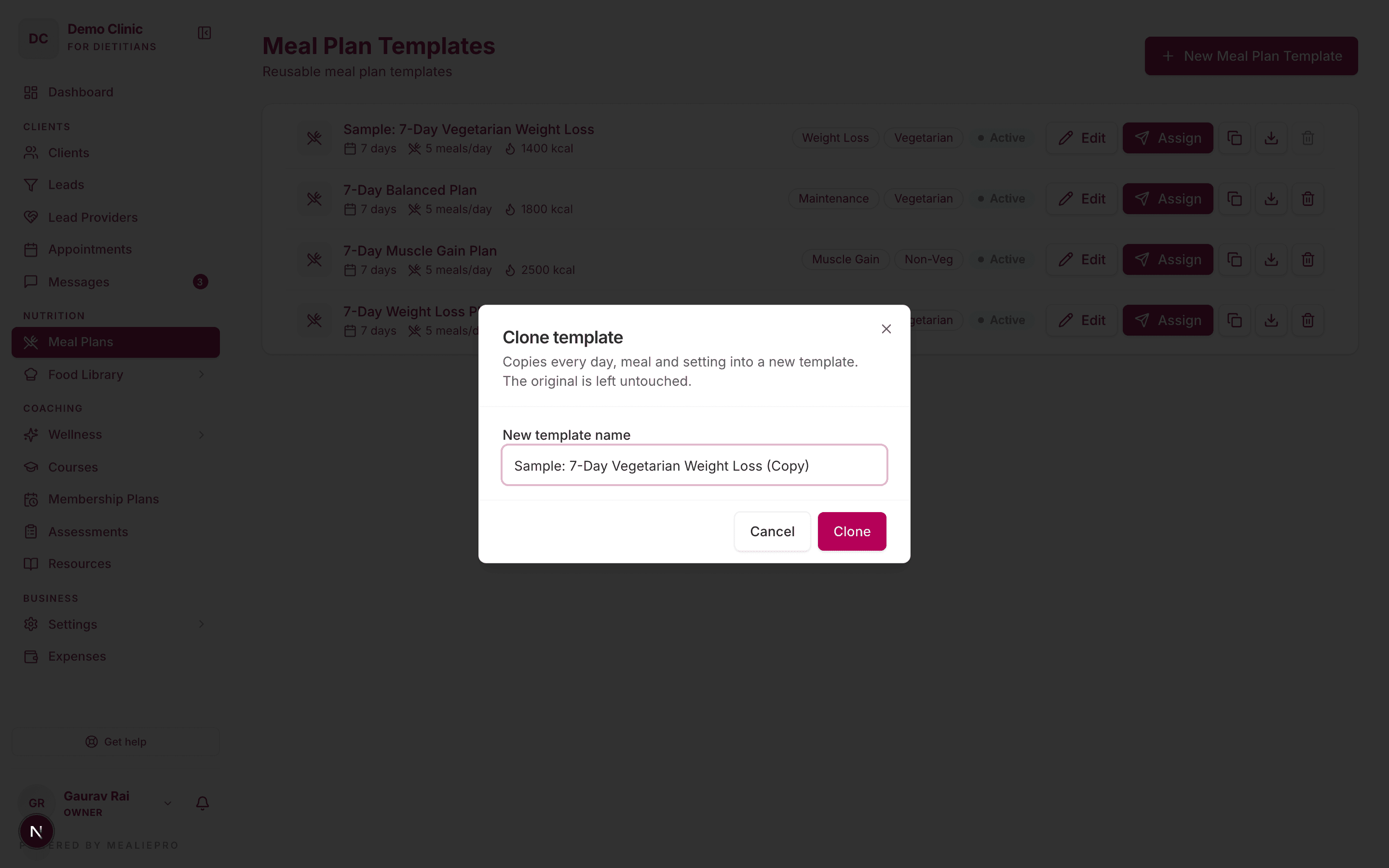 Clone template dialog