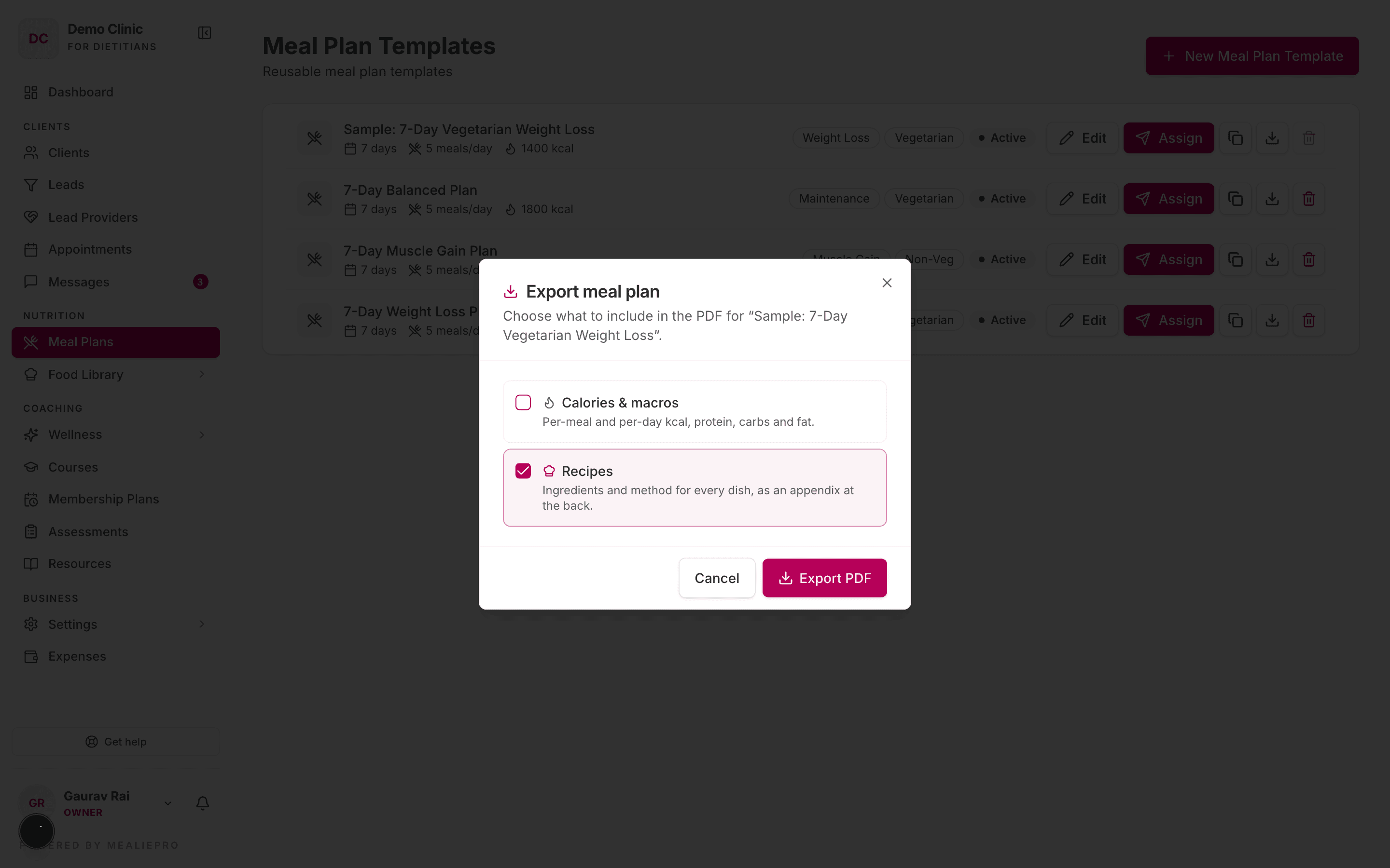 Export meal plan dialog