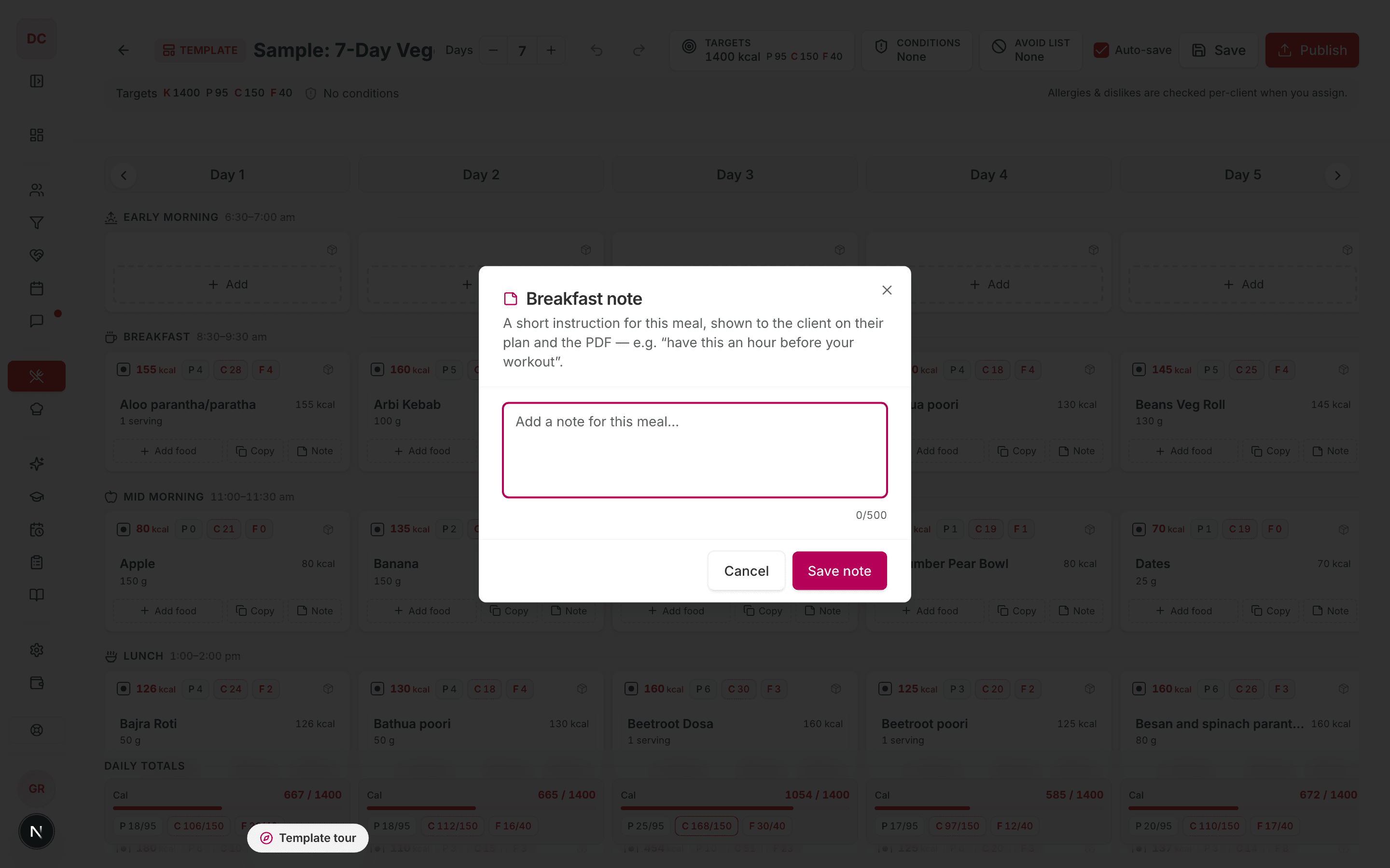 Meal note dialog