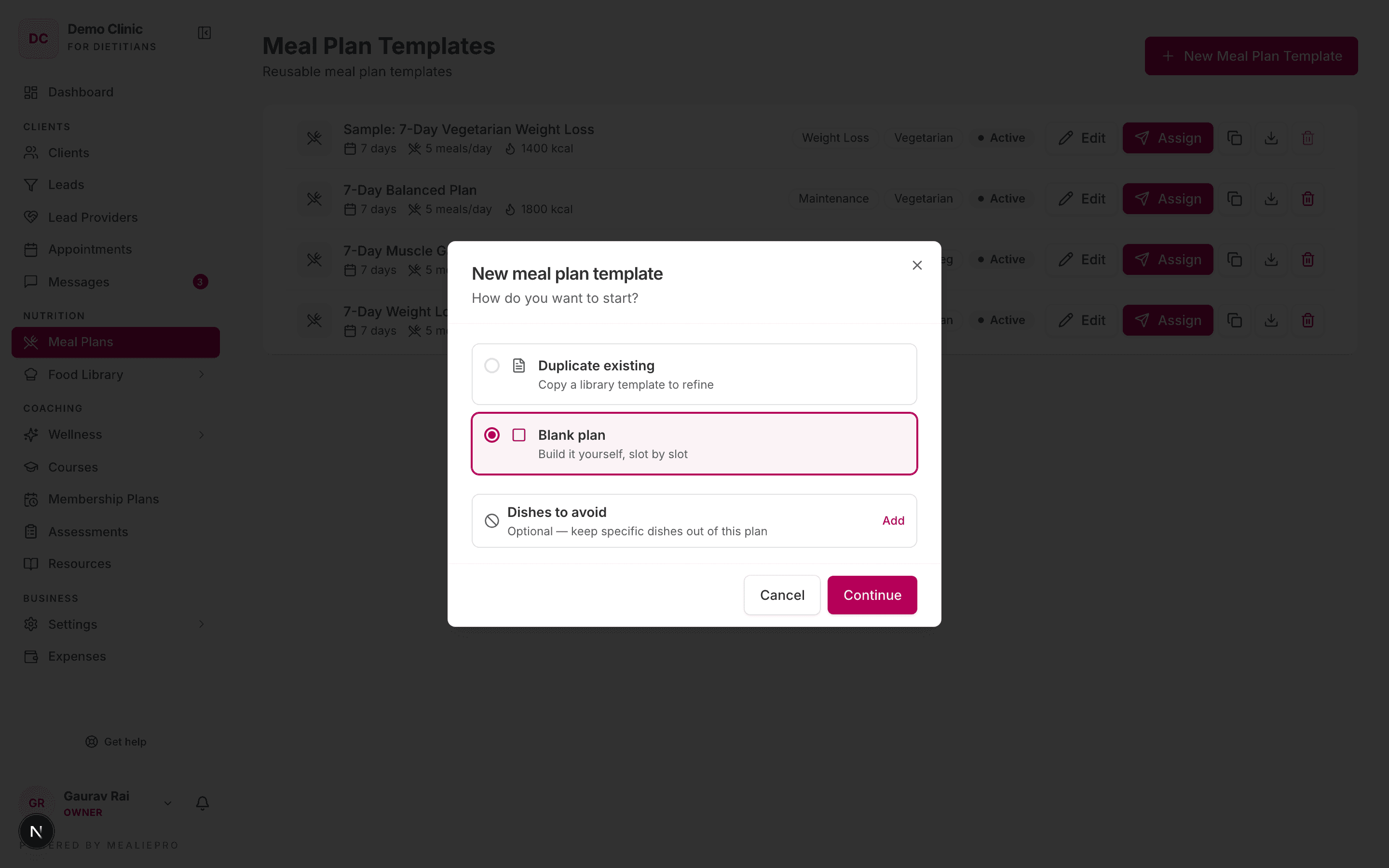 New meal plan template dialog