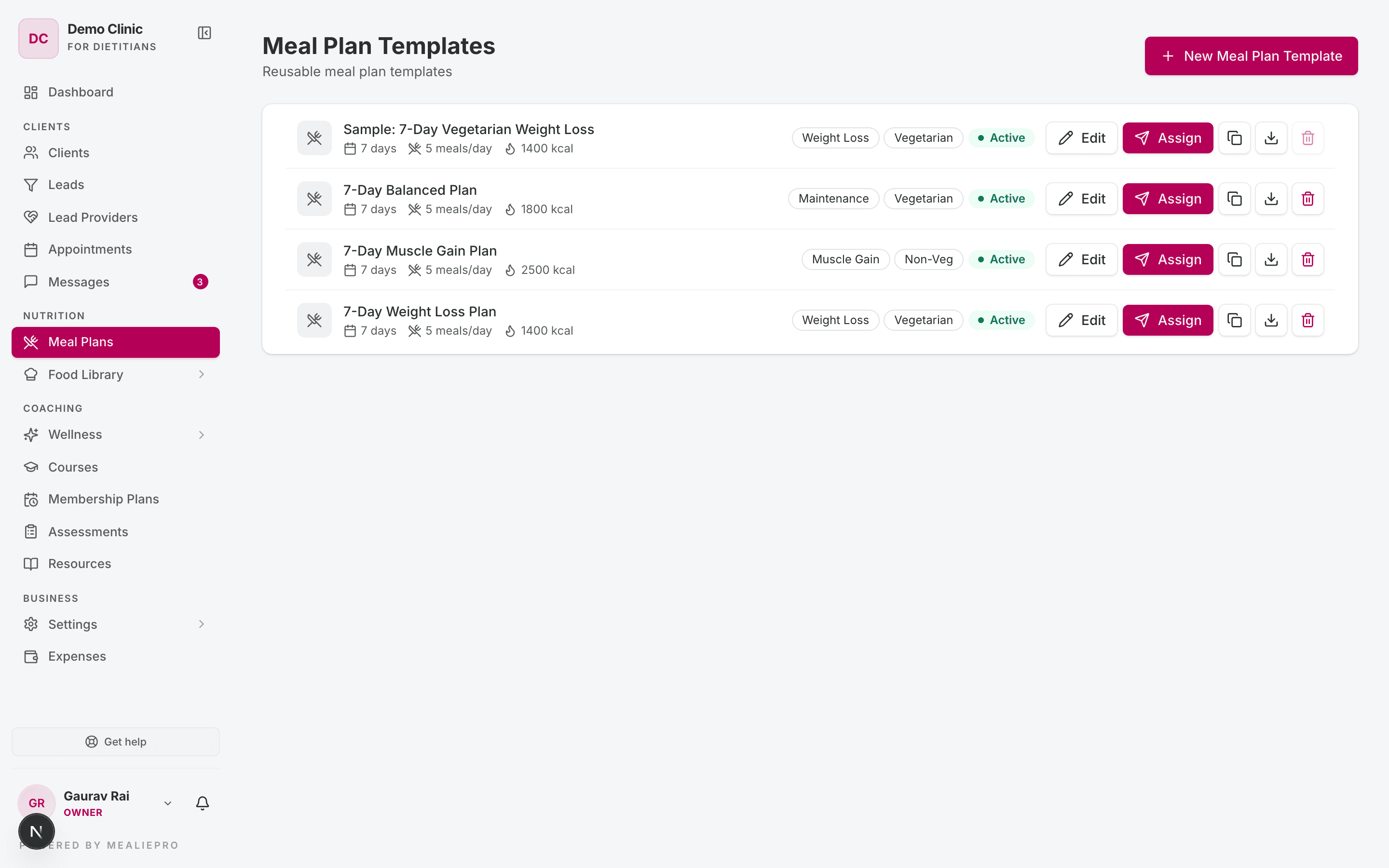 Meal Plan Templates list