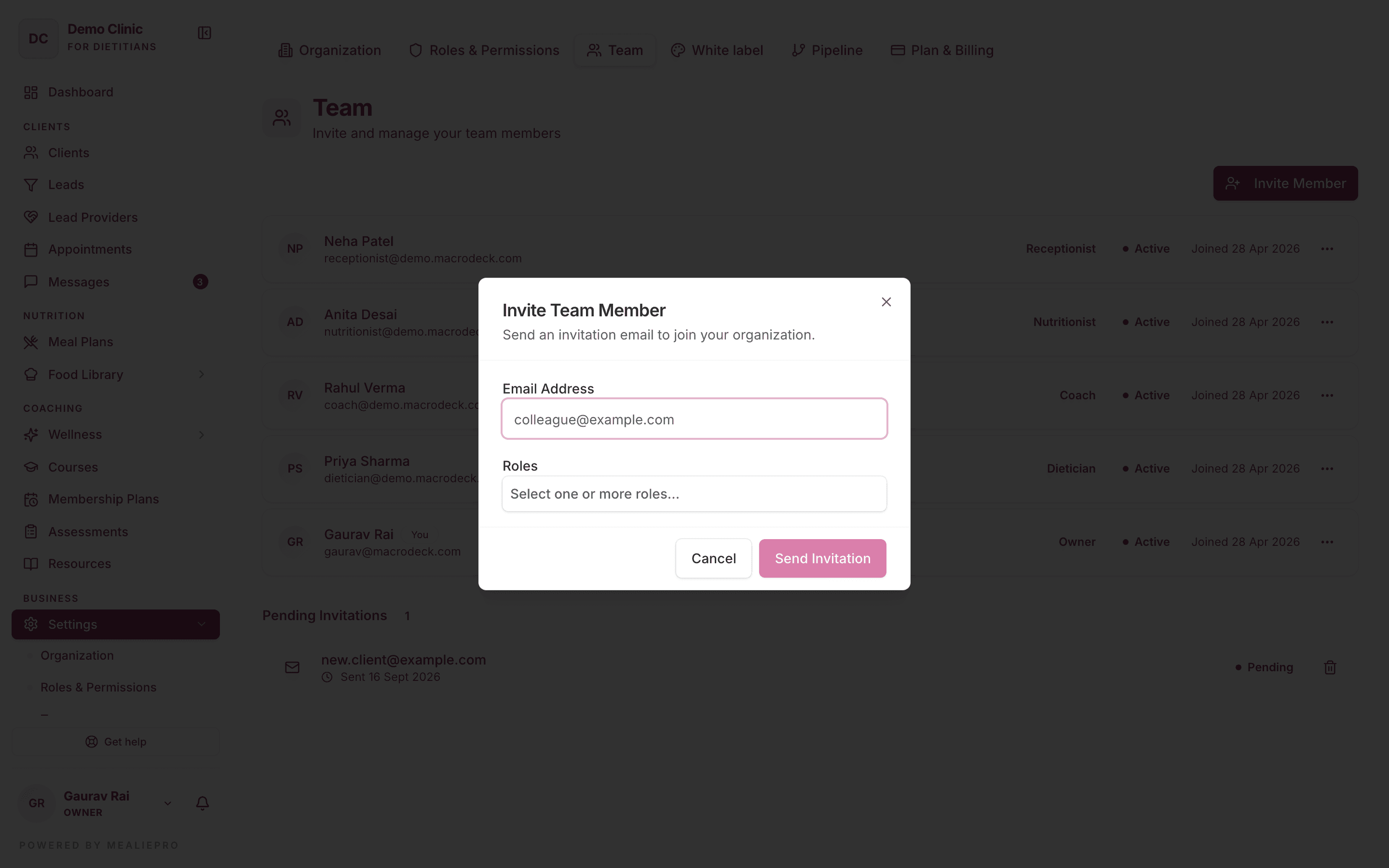 Invite Team Member dialog