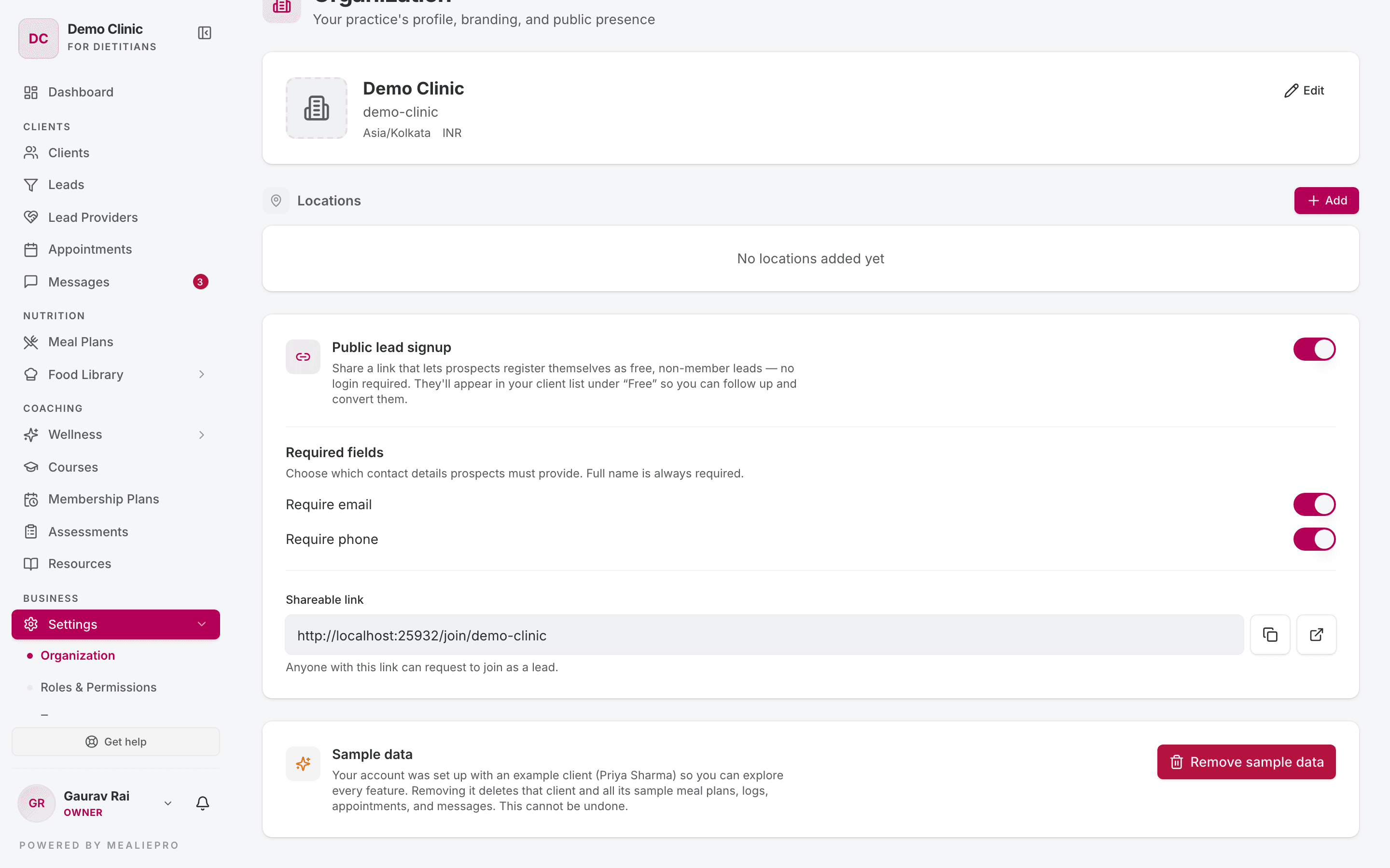 Public lead signup settings
