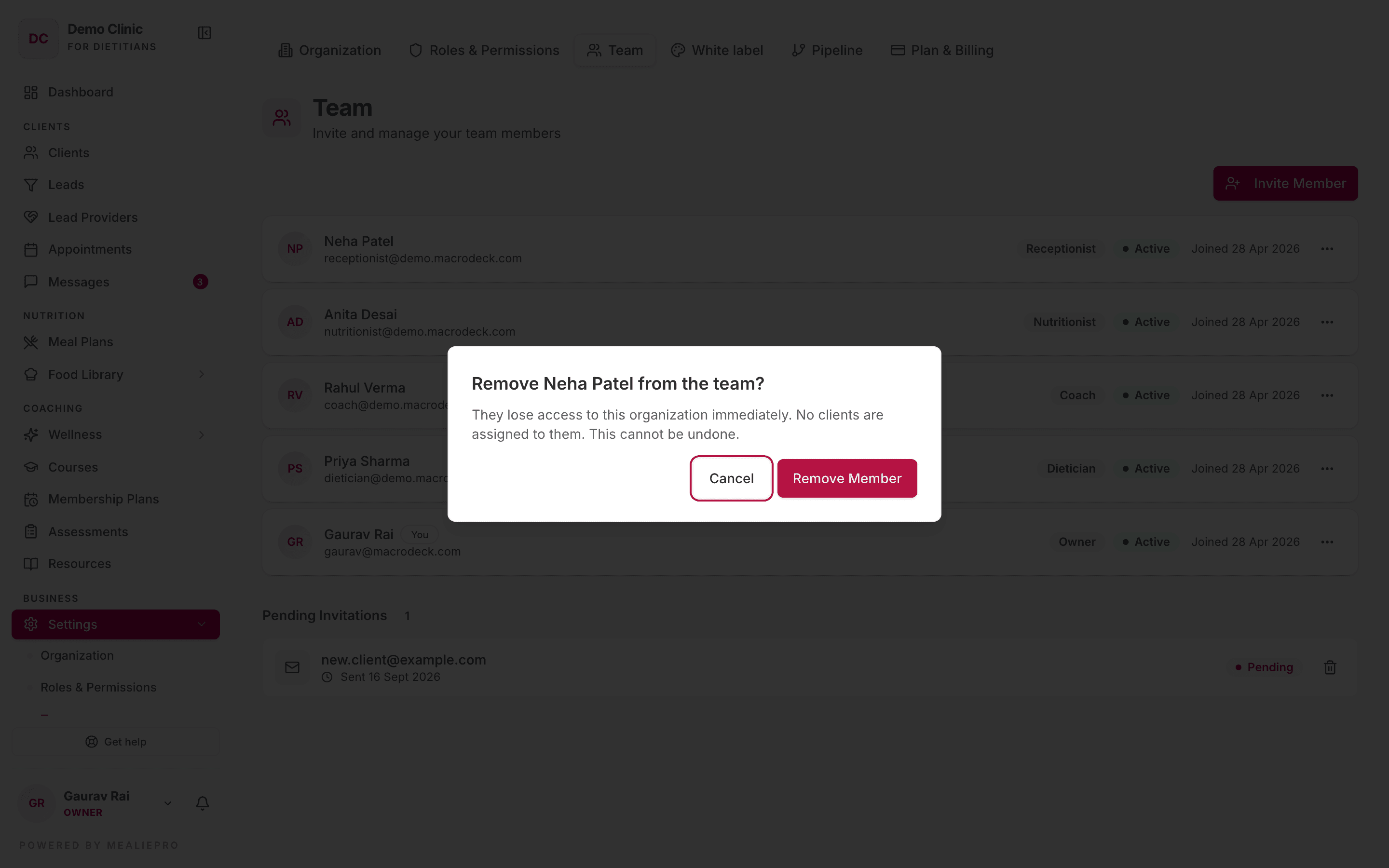 Remove member confirmation