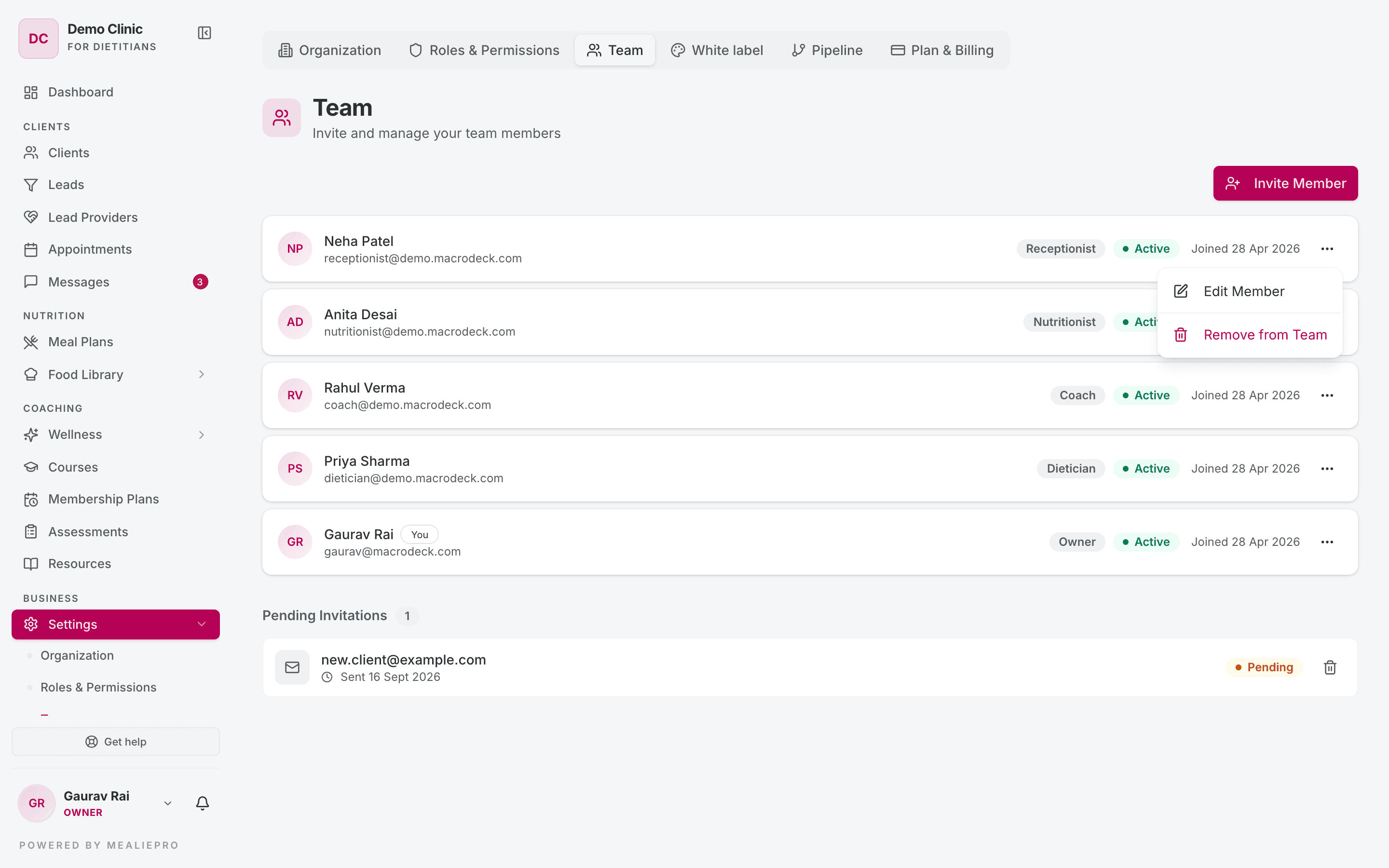 Team member menu