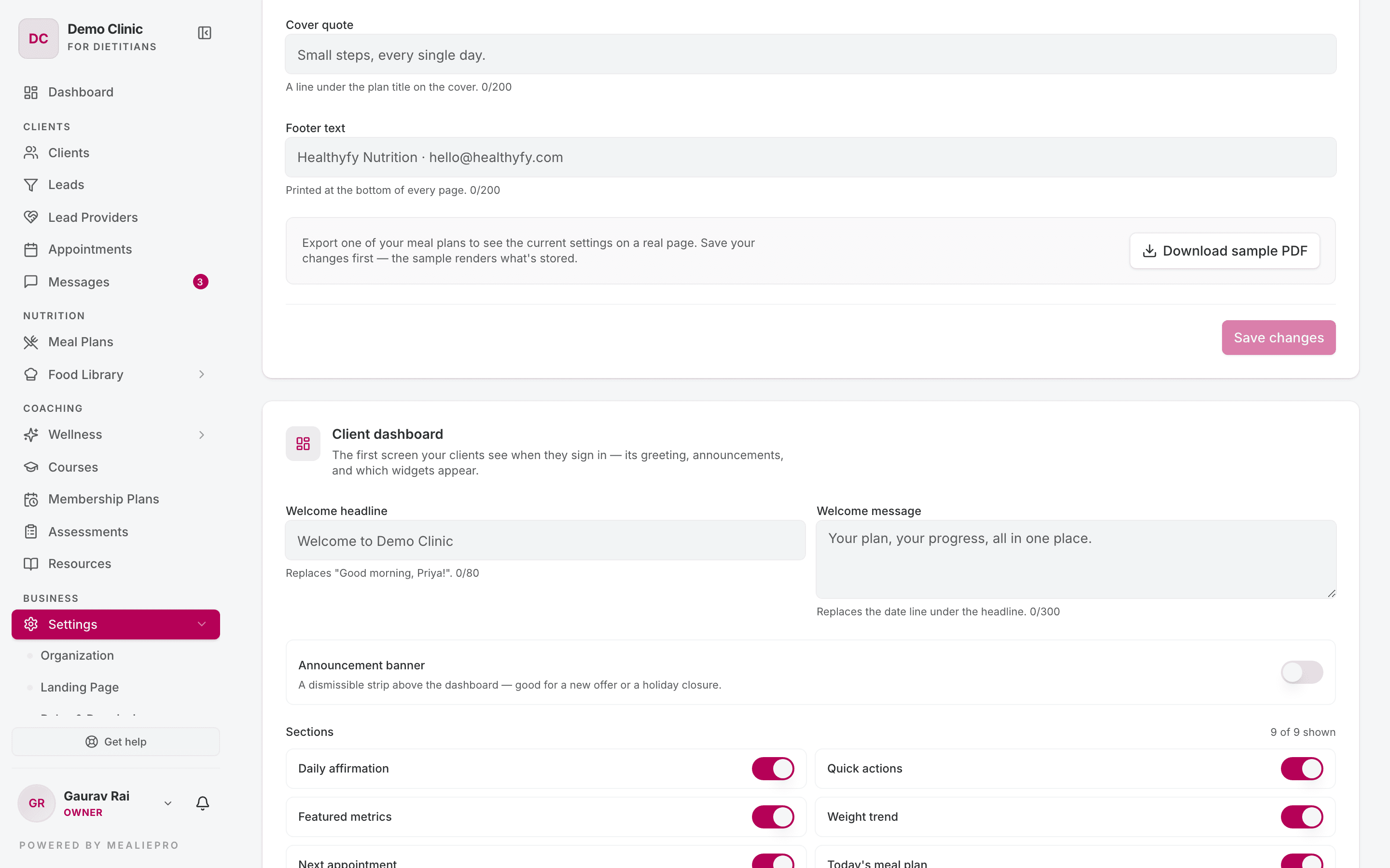 Client dashboard settings