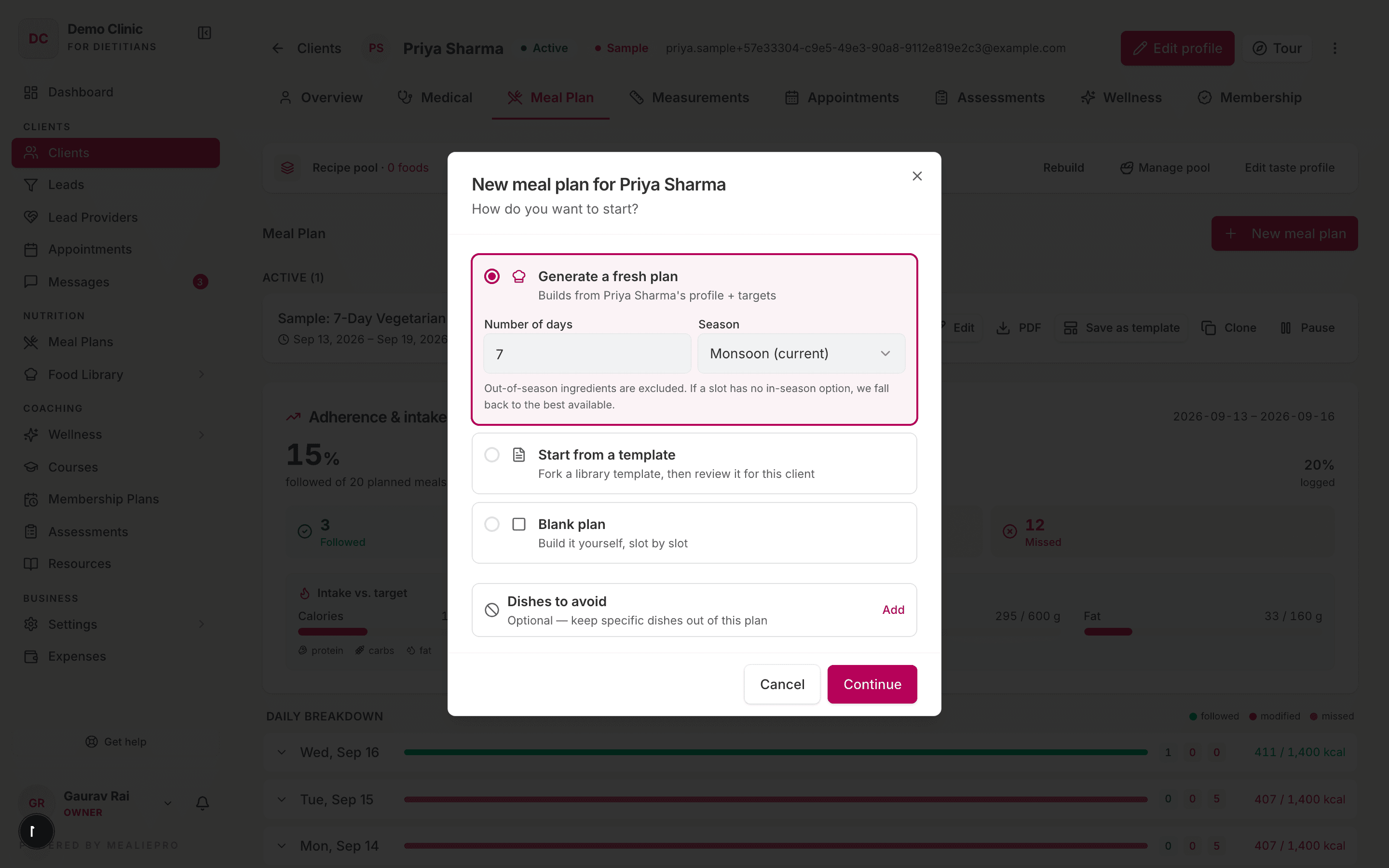 New meal plan dialog