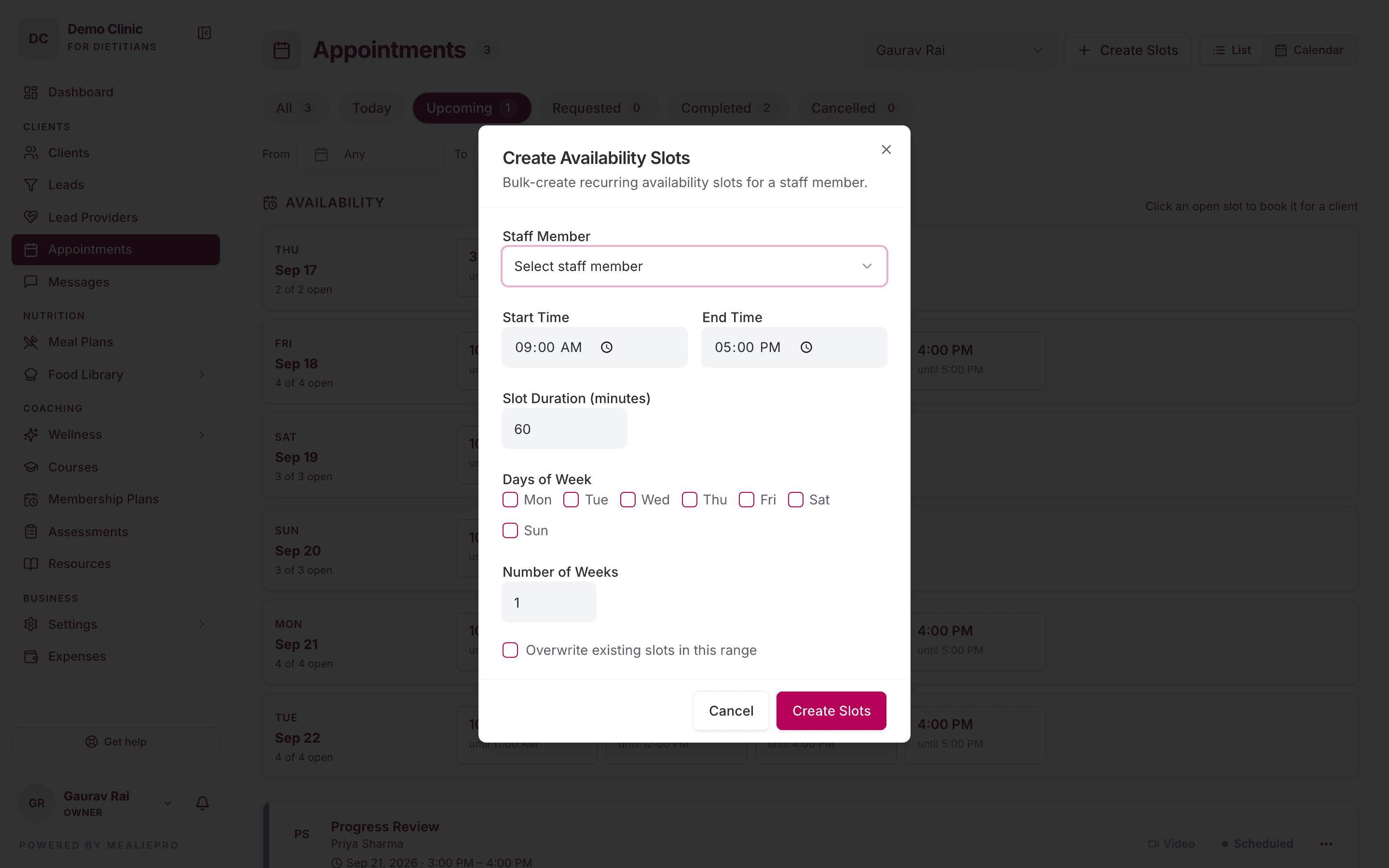 Create availability slots