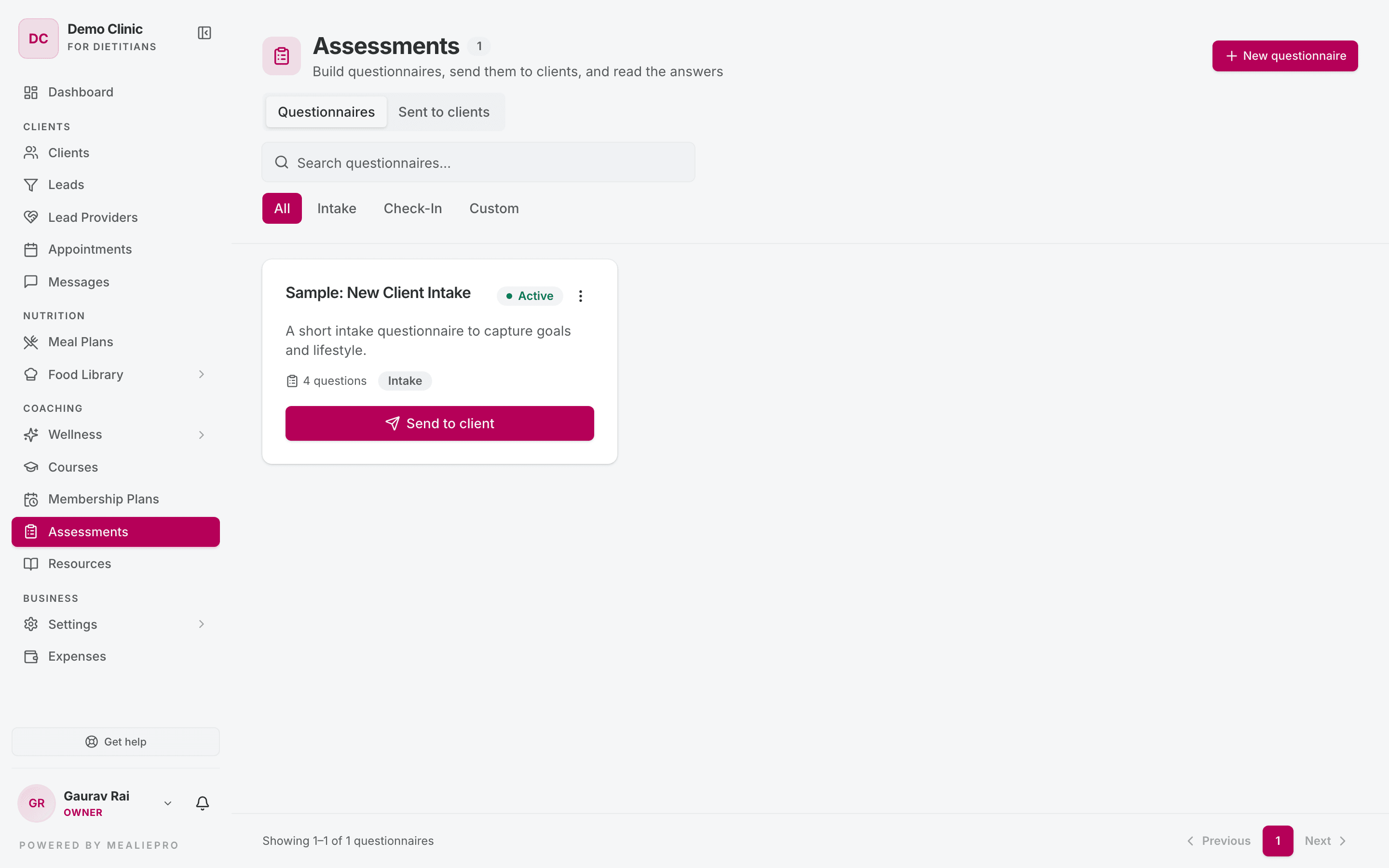 Assessments page