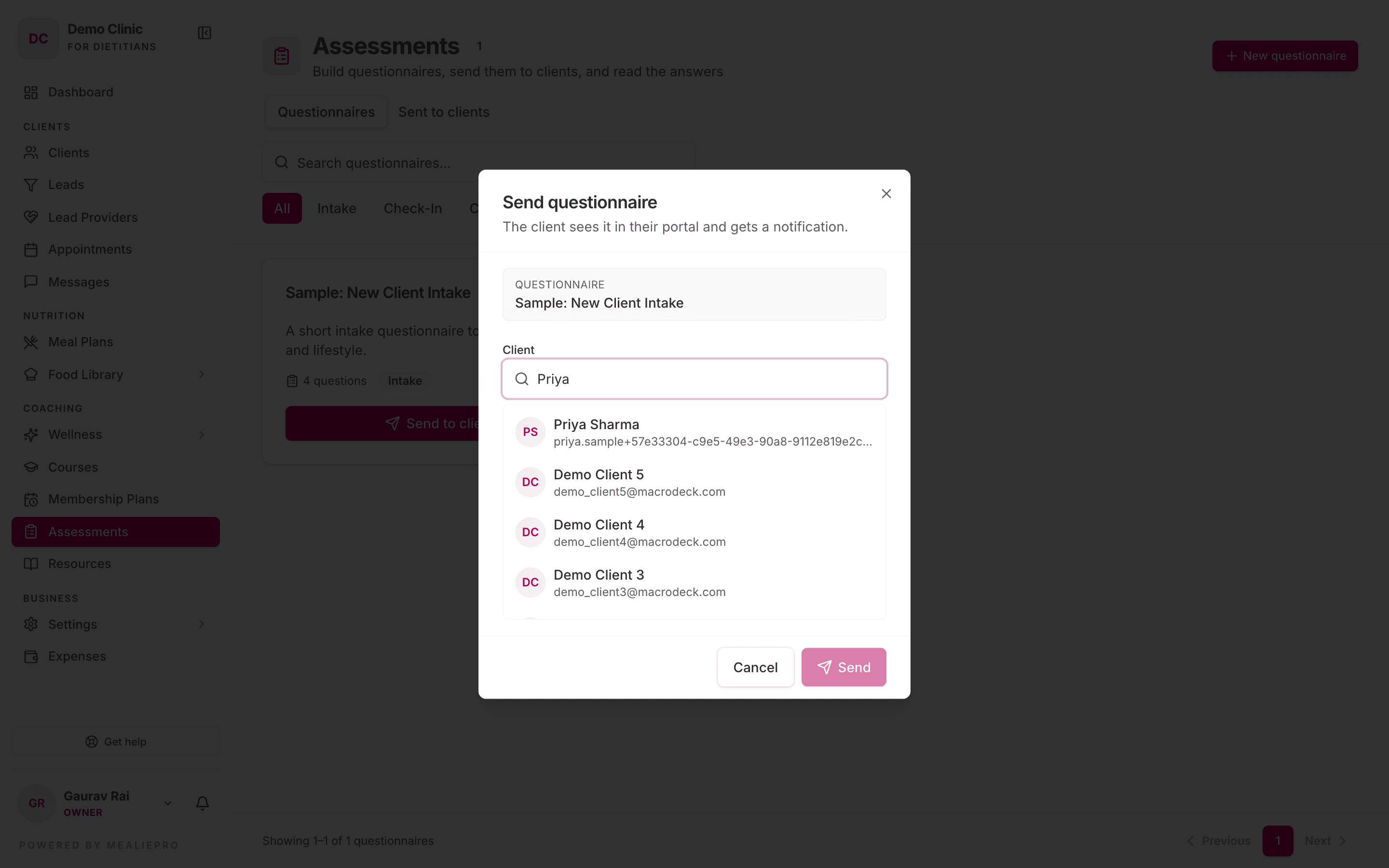 Send questionnaire dialog