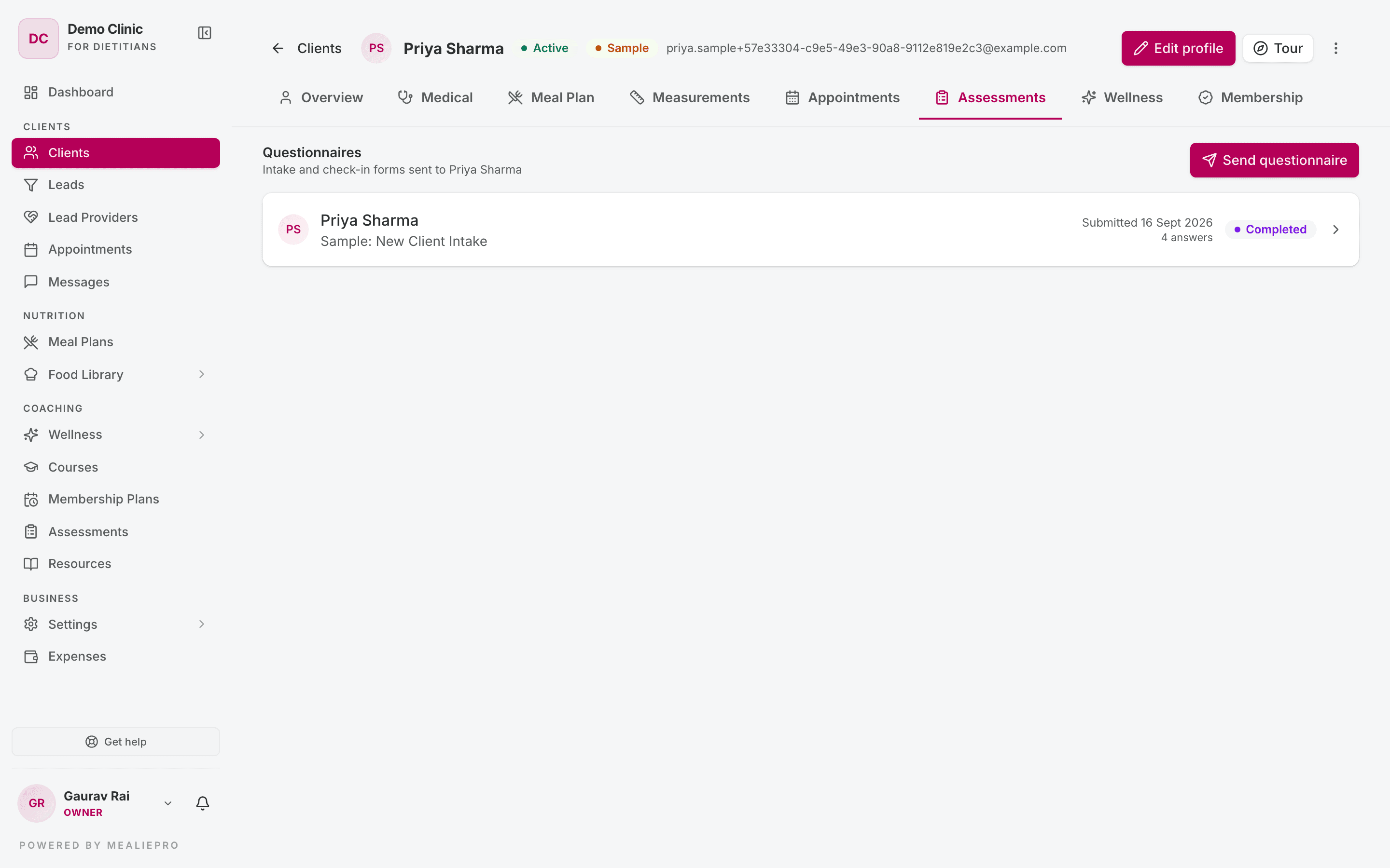 Assessments tab