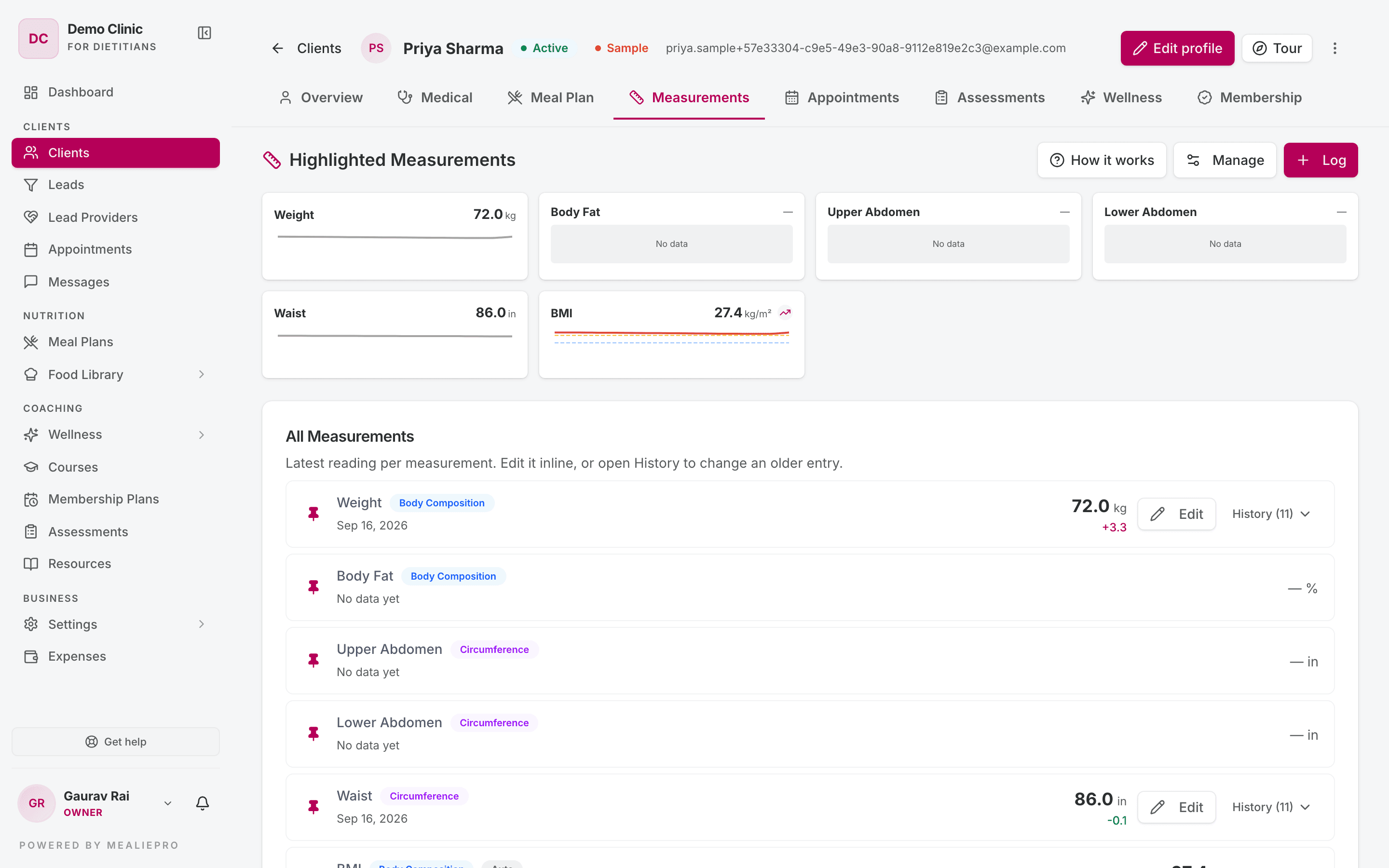 Measurements tab