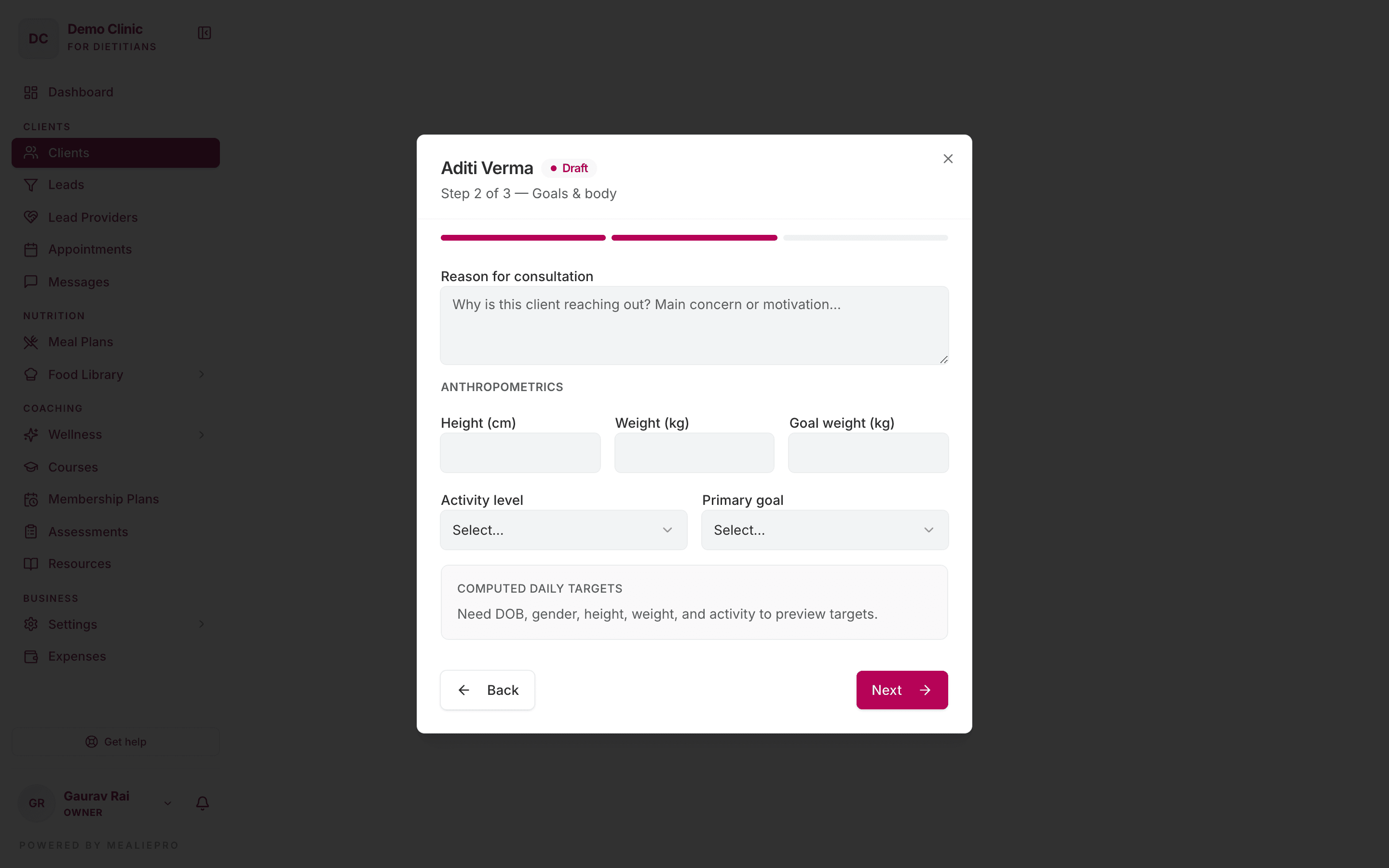 Add client — Goals & body