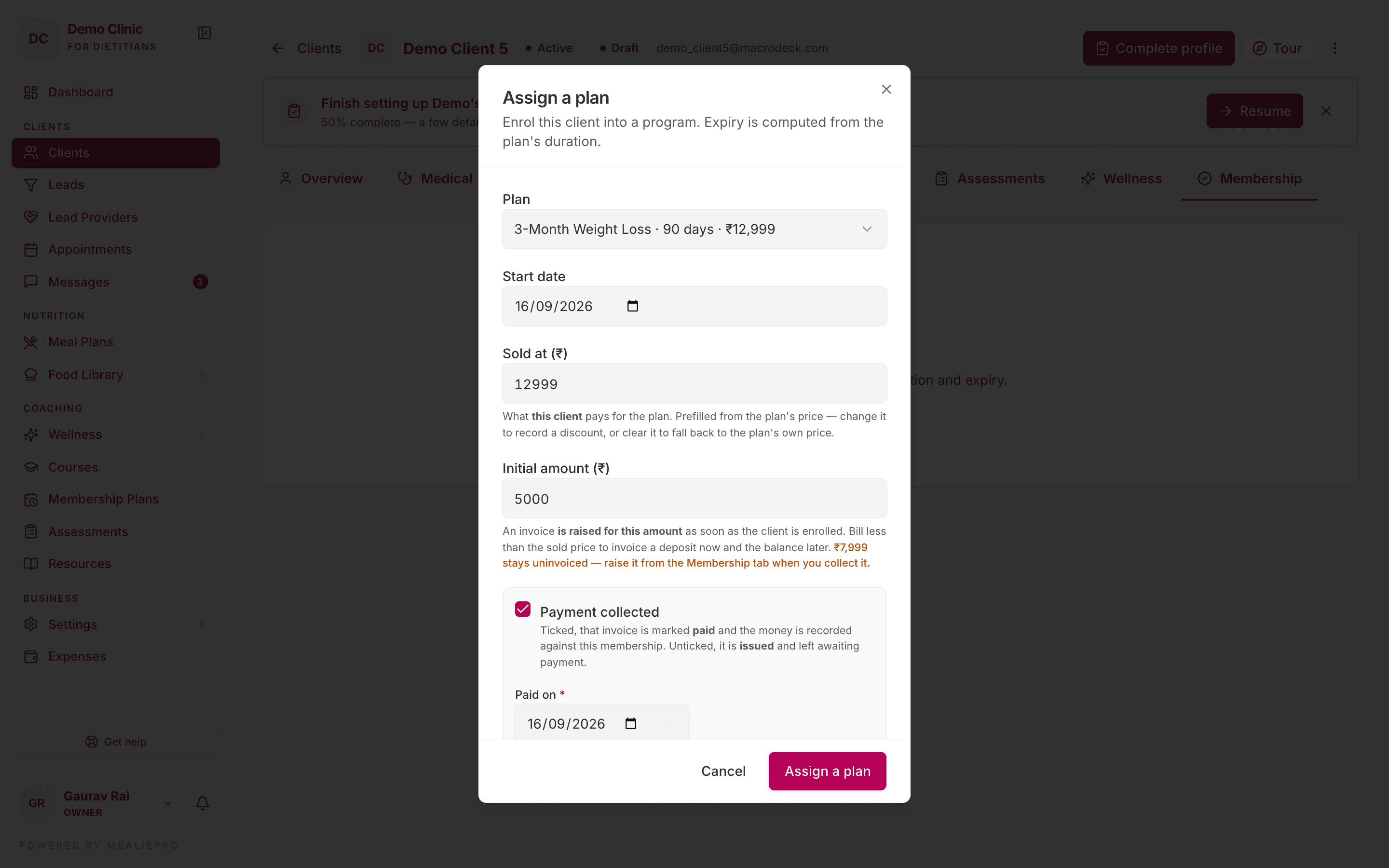 Assign a plan dialog