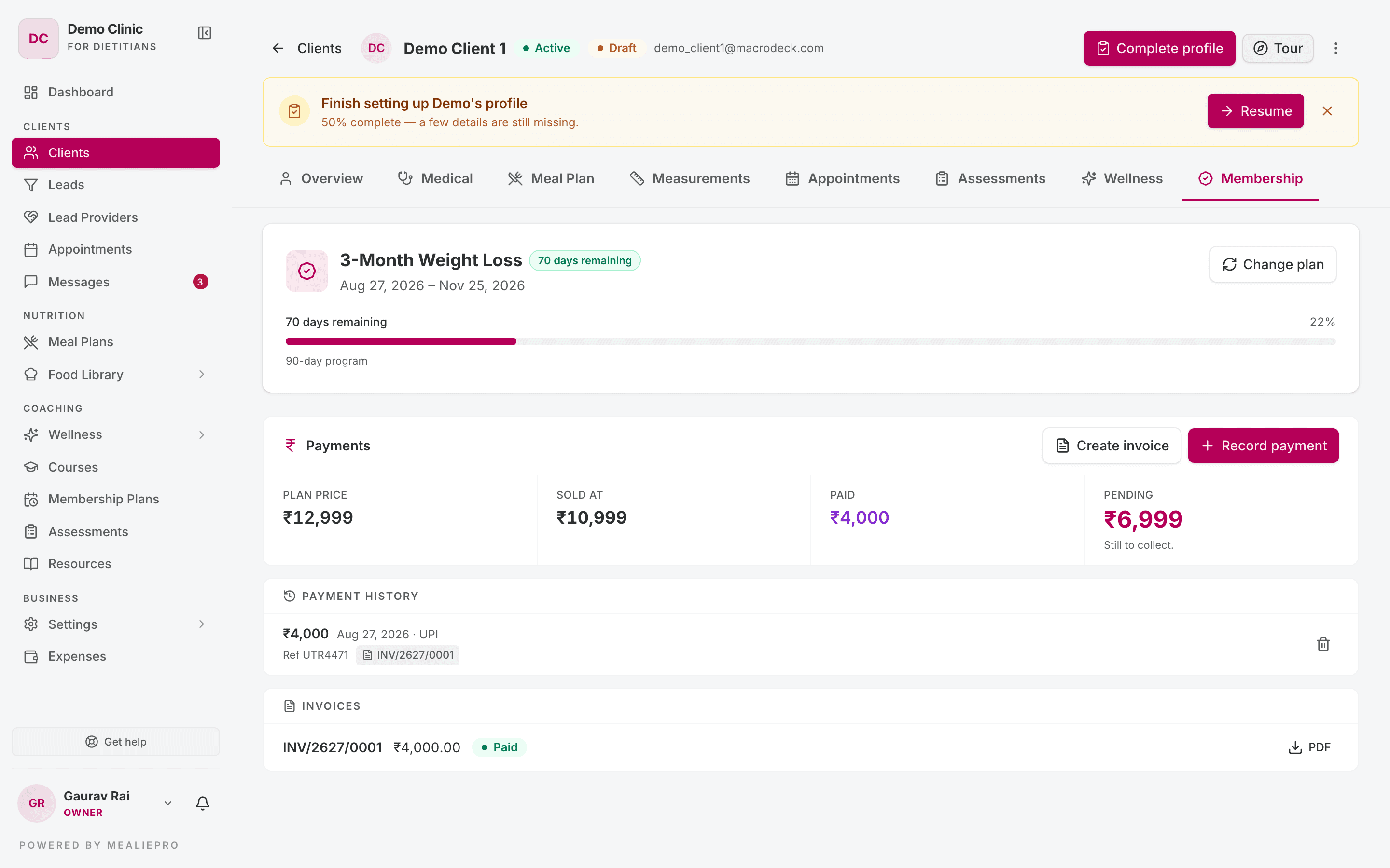 Client Membership tab