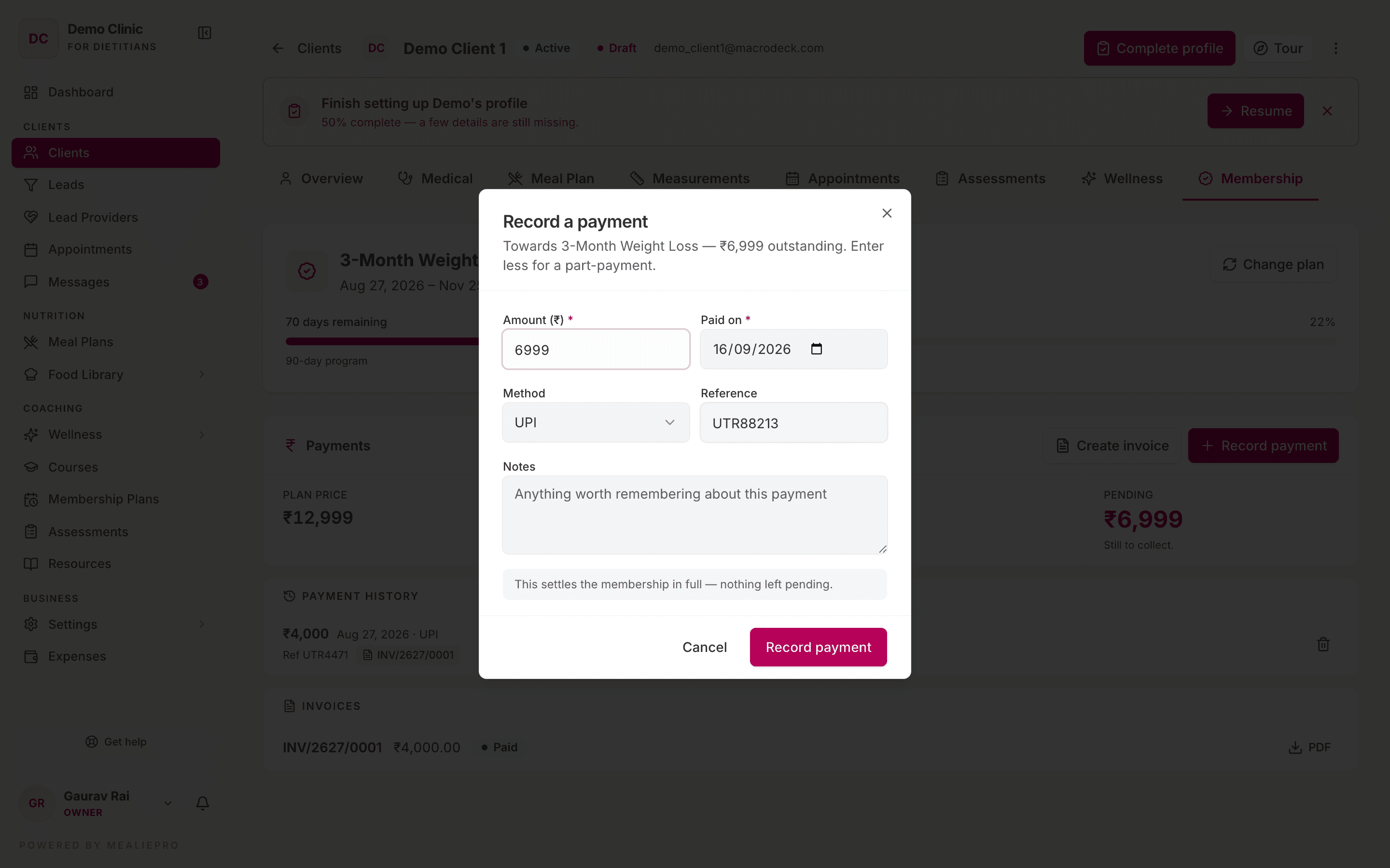 Record a payment dialog