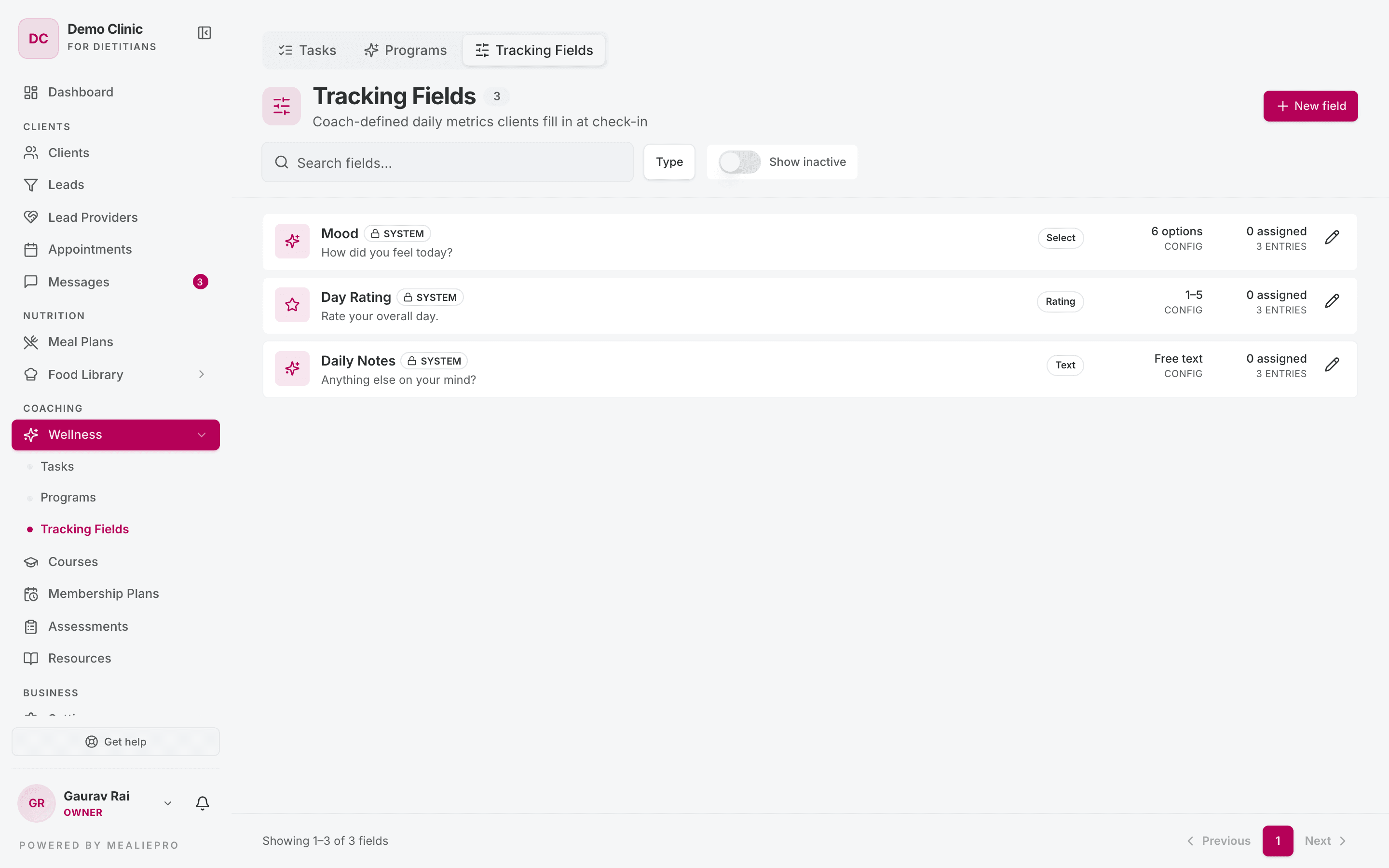 Wellness tracking fields